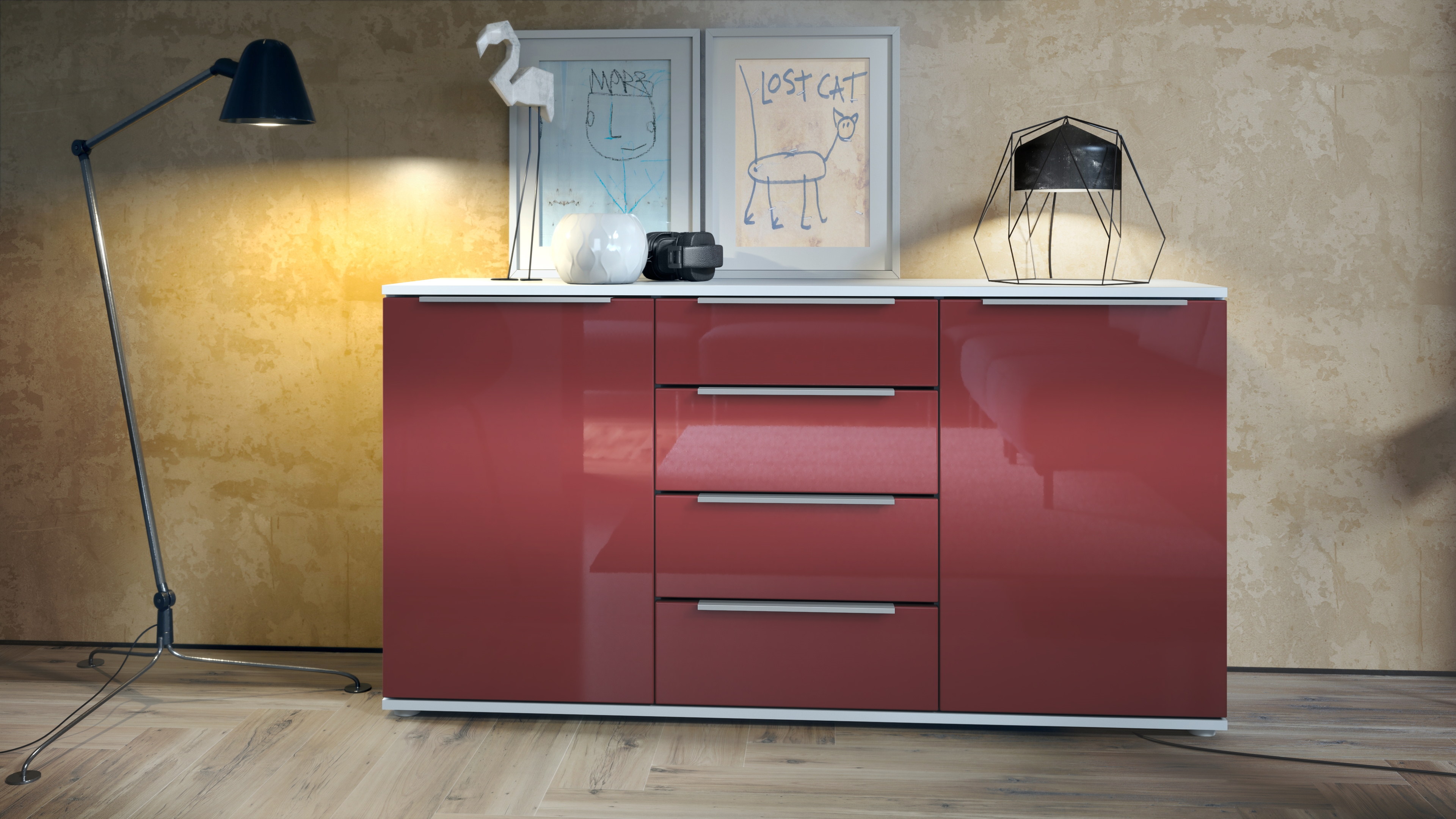 Linio V1 Sideboard  mit 2 Türen und 4 Schubladen Weiß matt/Bordeaux Hochglanz (139 x 72,5 x 35 cm)