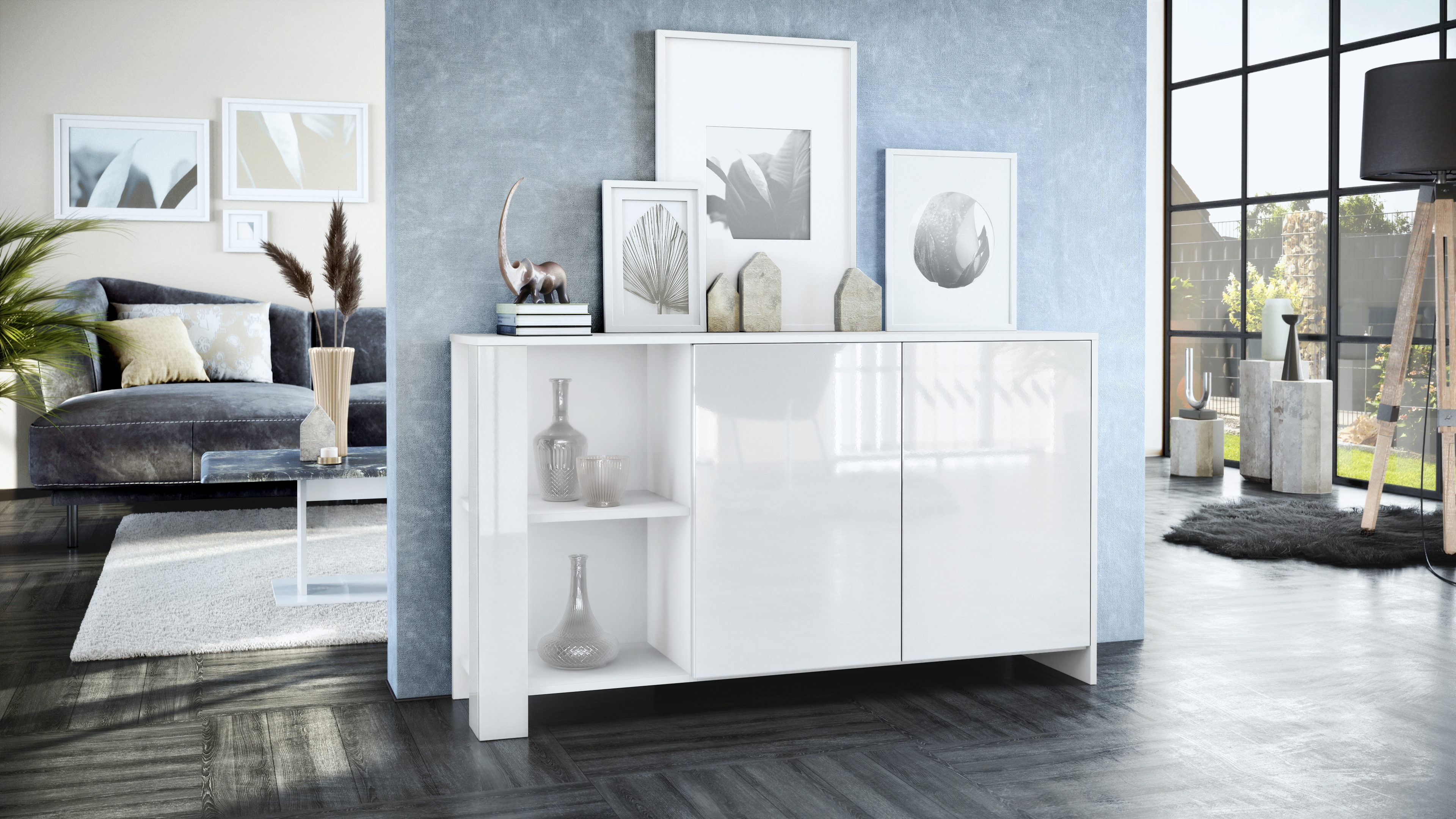 Wohnraum Set Venedig bestehend aus 1 Highboard und 1 Sideboard Weiß matt, Weiß Hochglanz, Weiß Hochglanz