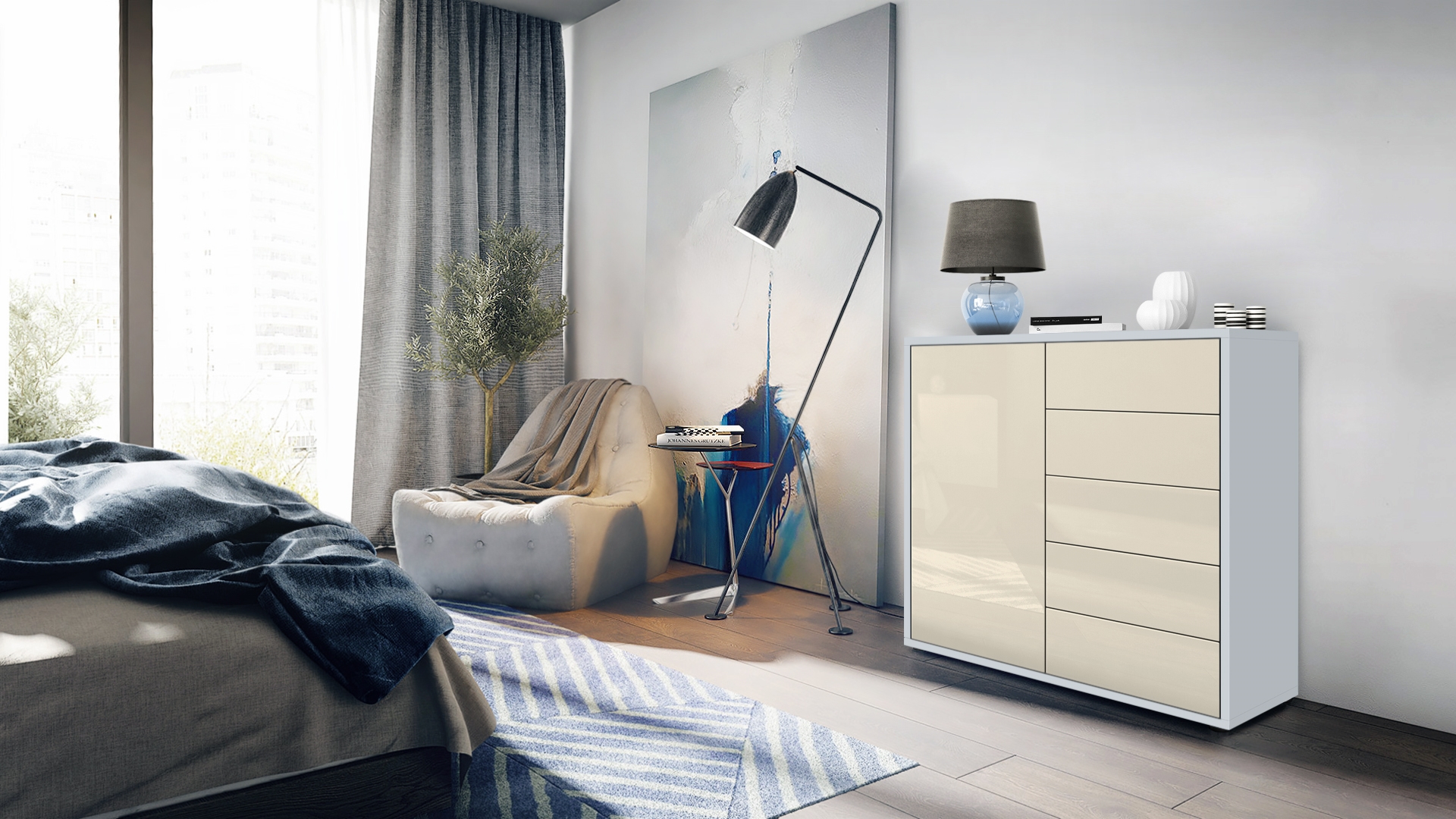 Kommode Ben V2  mit 1 Tür und 5 Schubladen Weiß matt/Creme Hochglanz (79 x 74 x 36 cm)