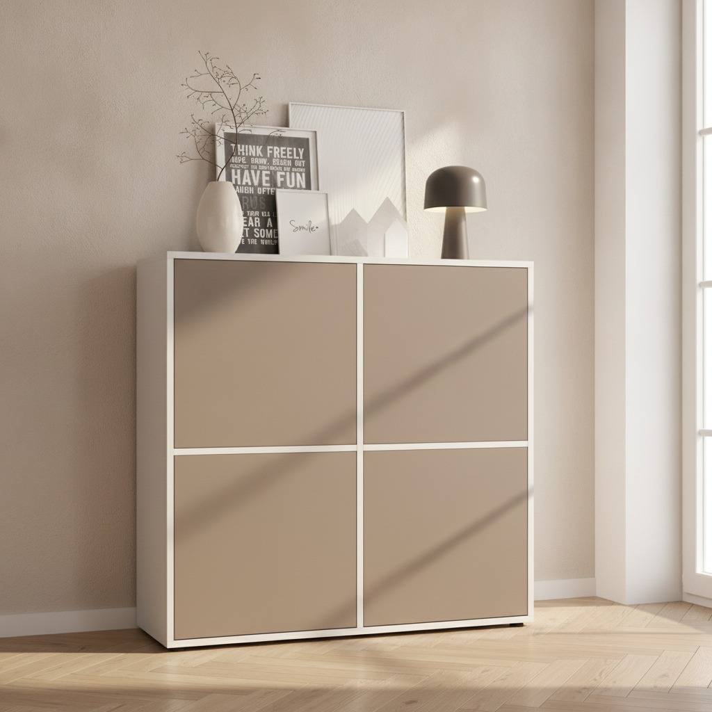 Highboard Cuba V2 Sideboard mit 4 Türen Push-to-Open, Made in Germany Weiß matt / Cocoa matt (104 x 105,5 x 35,5 cm)