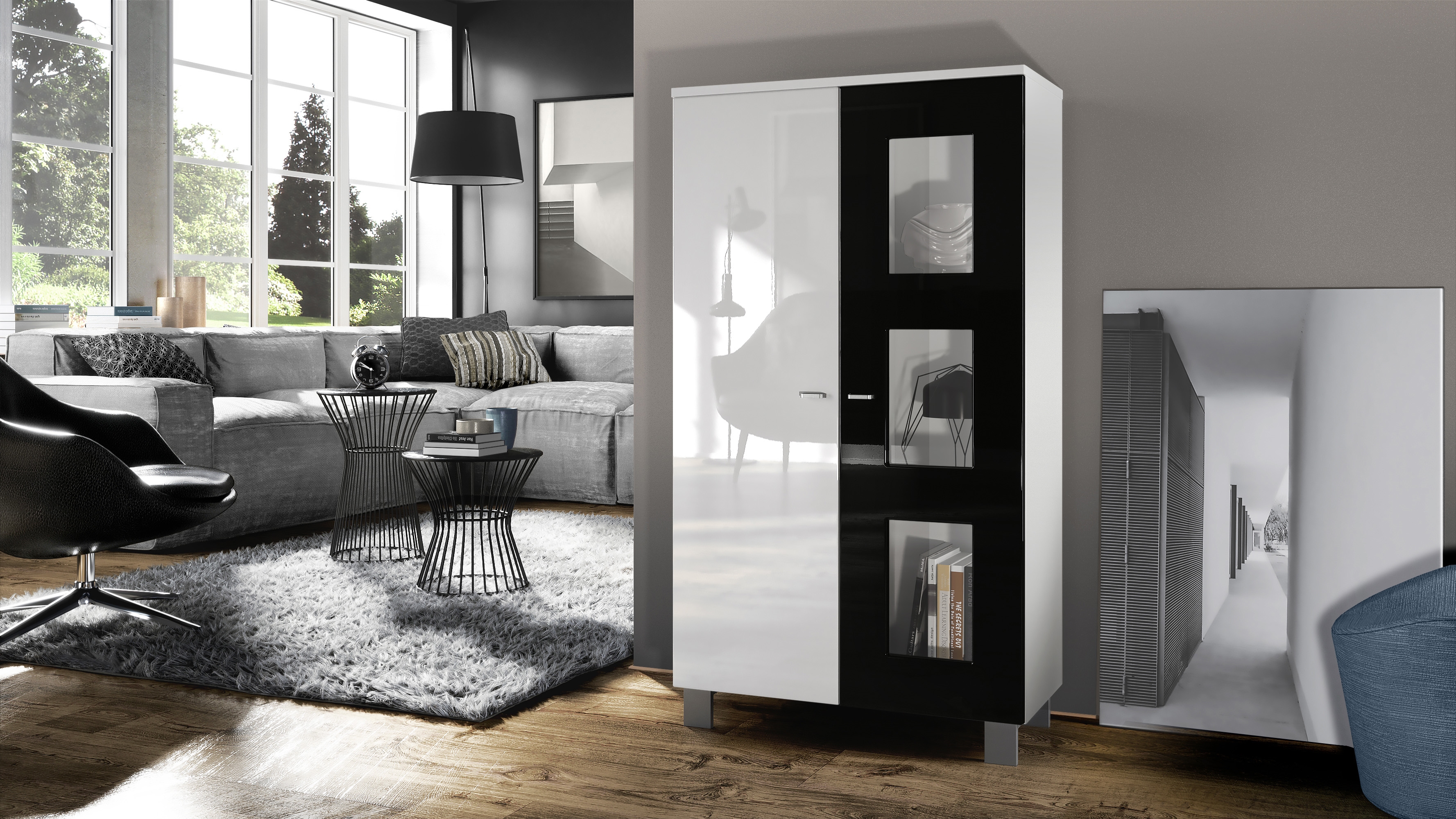 Vitrine Denjo  mit 2 Türen und 3 Glaseinsätzen Weiß matt/ Weiß Hochglanz/ Schwarz Hochglanz (71 x 129 x 35 cm)