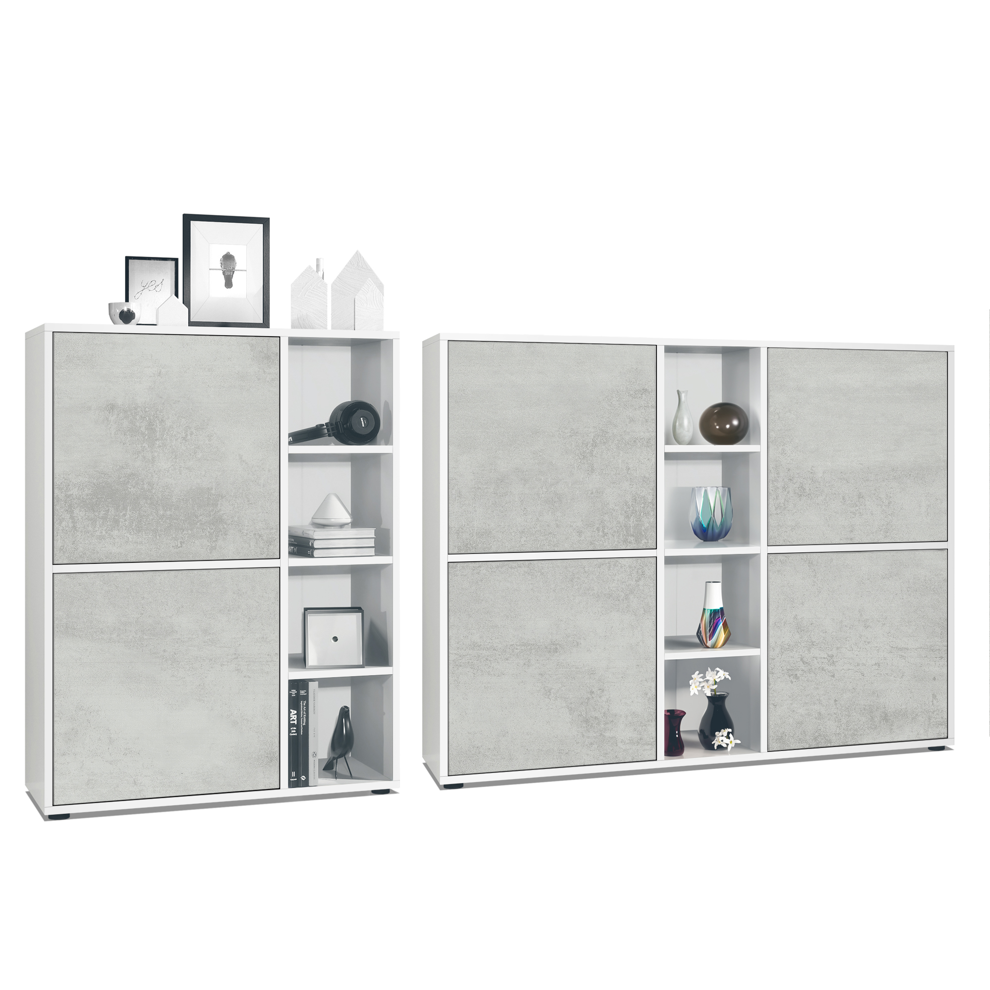 Wohnraum Set Miami bestehend aus 2 Highboards Weiß matt / Beton Oxid Optik