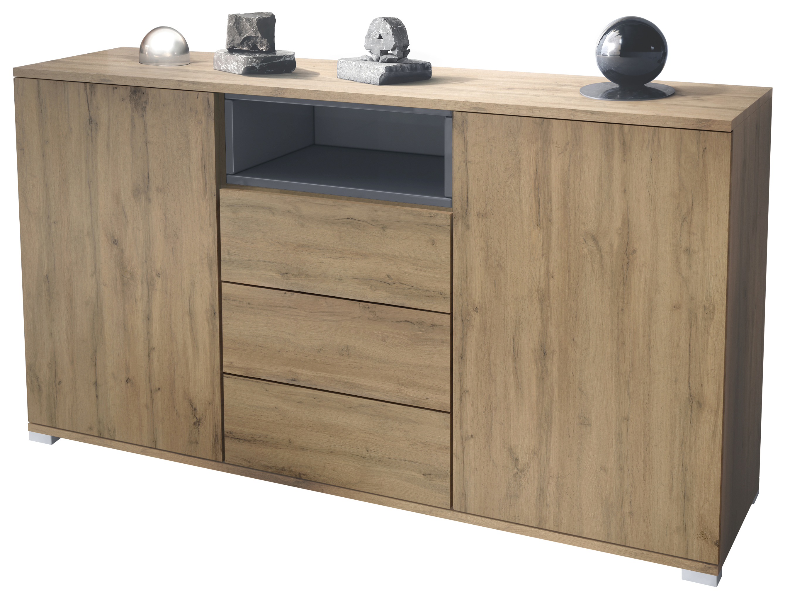 Skadu V2 Sideboard Eiche Evoke mit 2 Türen, 3 Schubladen und 1 offenem Fach Eiche Evoke/Grau Hochglanz (138,5 x 75,5 x 35 cm)
