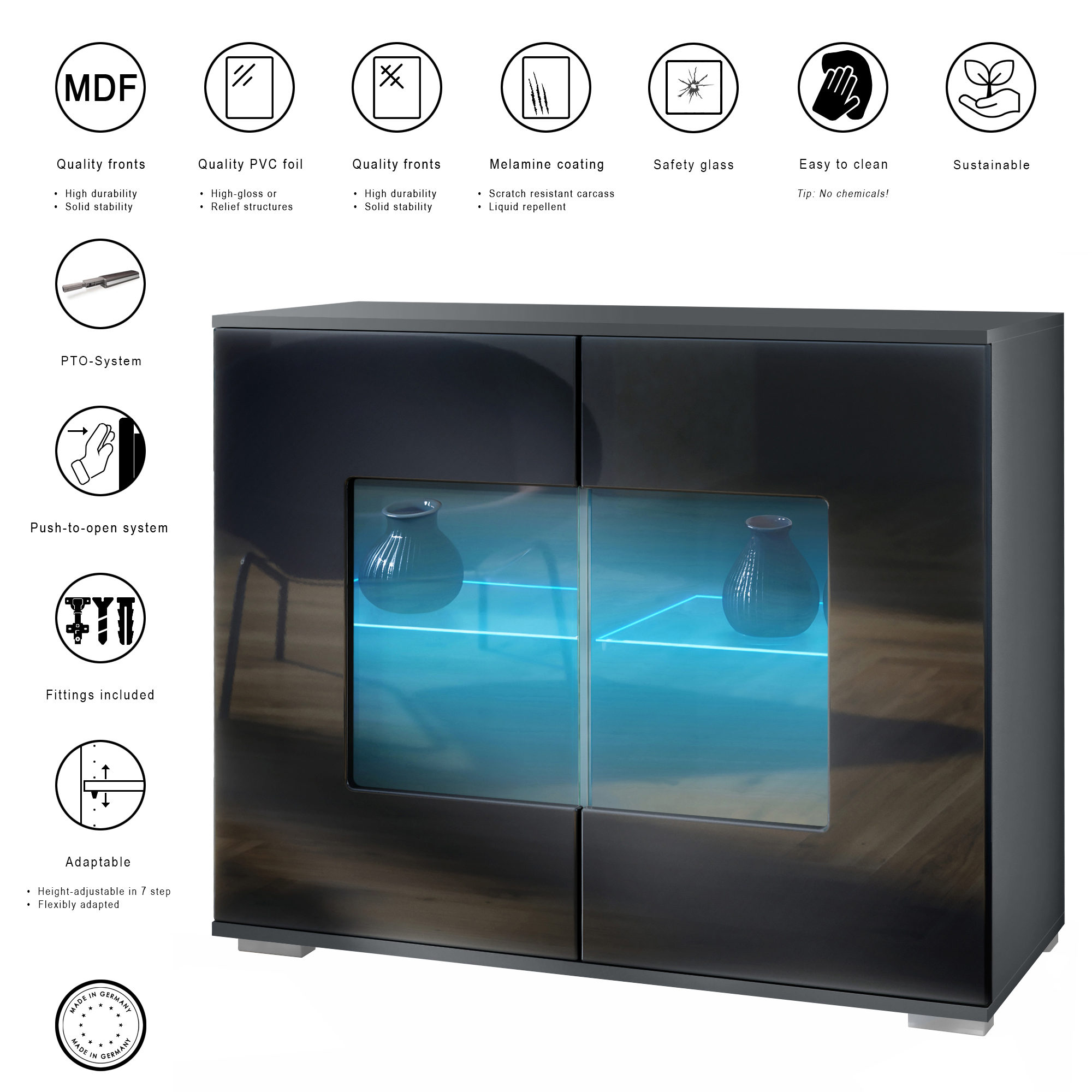 Grömitz V3 Kommode Anthrazit + LED mit 2 großen Glastüren inkl. RGB Beleuchtung Anthrazit matt / Avola-Anthrazit (92,5 x 75.5 x 35)