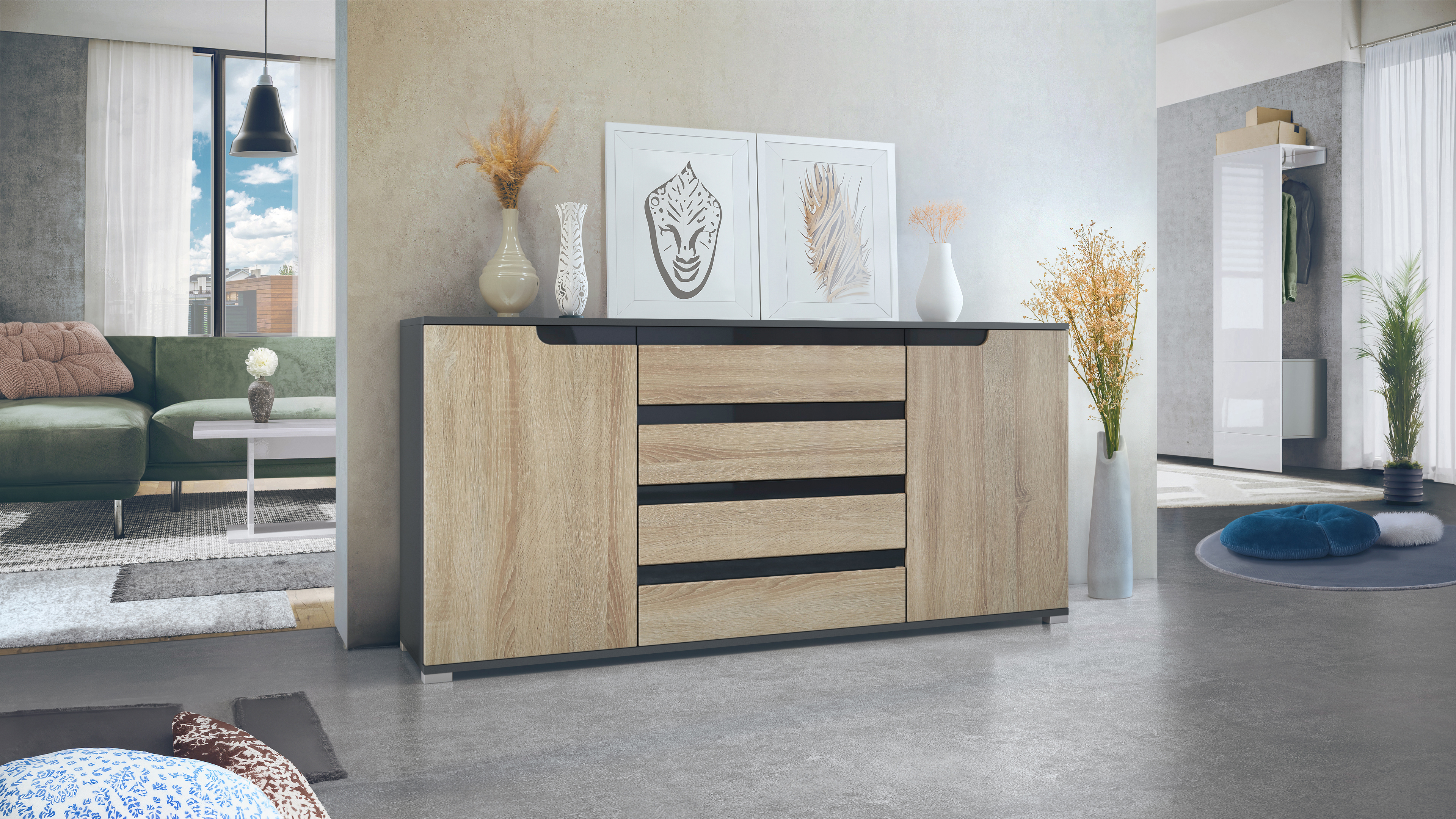 Sideboard Sylt V2 Anthrazit Korpus - Anthrazit matt / Front - Eiche sägerau / Absetzung - Schwarz Hochglanz (166,5 x 75,5 x 35 cm)