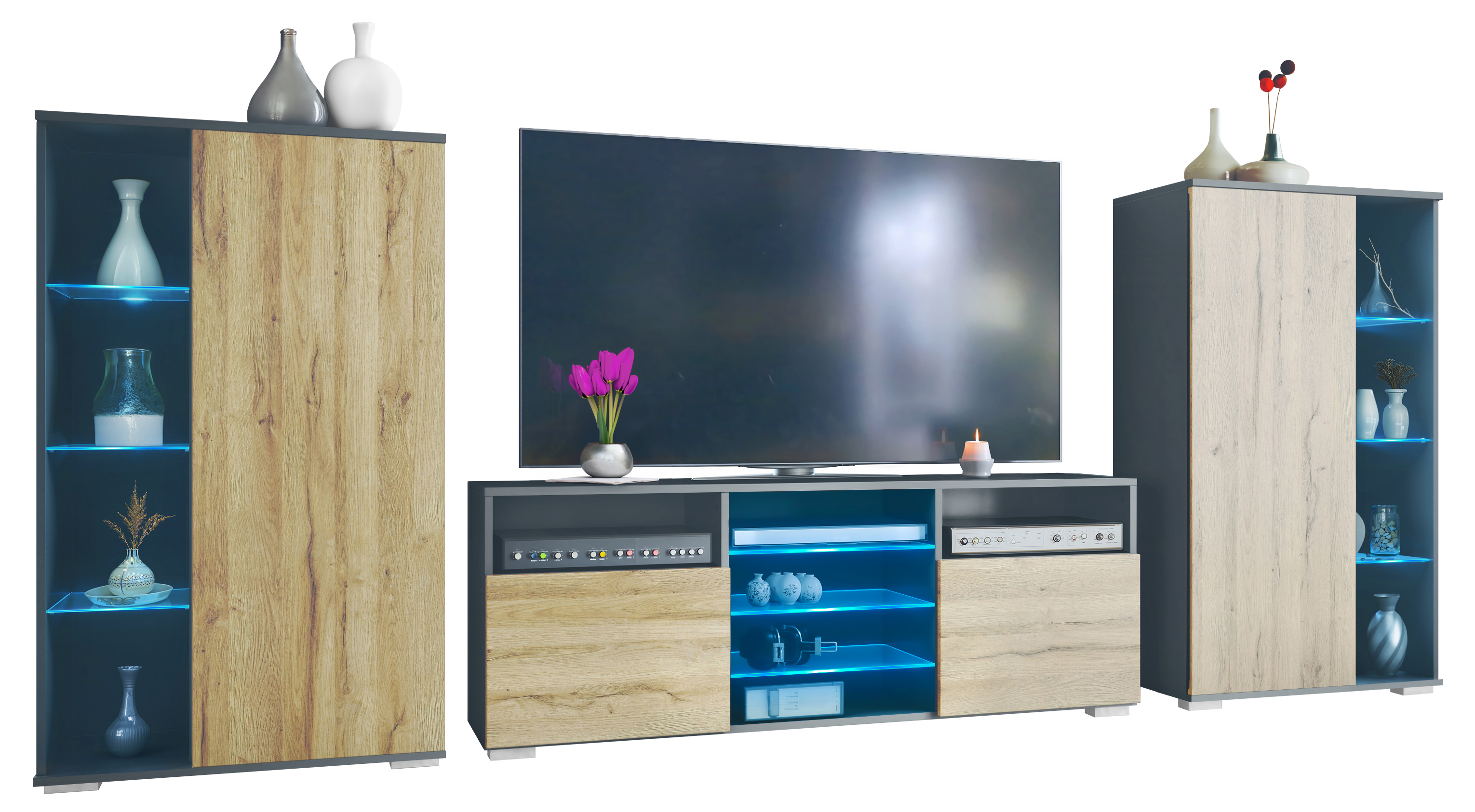 Wohnwand Davos LED 3-tlg. bestehend aus 2 Vitrinen, 1 TV-Board und LED-Beleuchtung Anthrazit matt/Eiche Natur (329 x 134 x 35 cm)