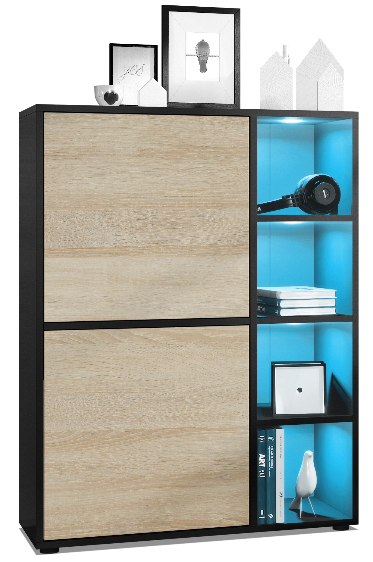 Highboard Cuba und 4 offene Fächer inkl. RGB LED Beleuchtung Schwarz matt/Eiche sägerau (79 x 105,5 x 35,5 cm)
