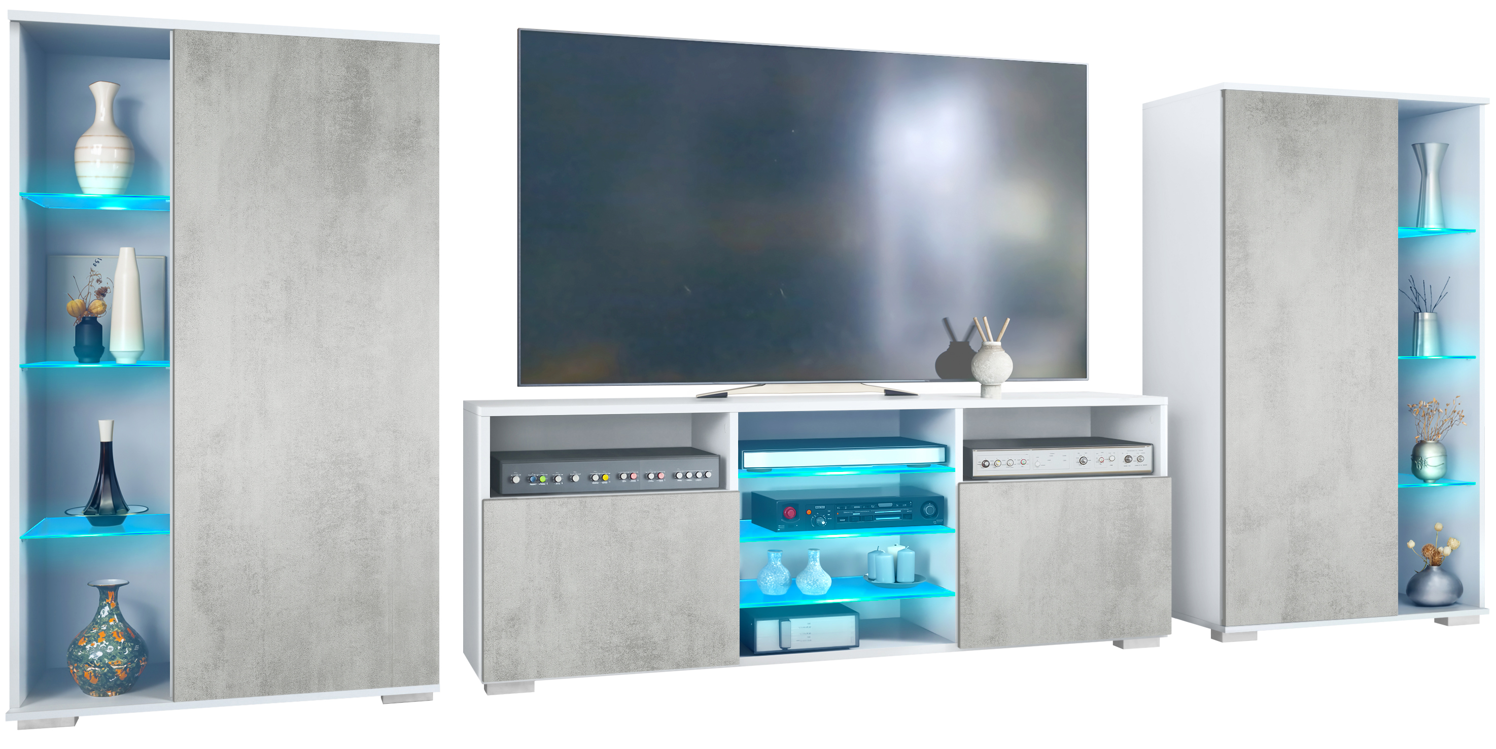 Wohnwand 3-tlg. Davos Weiß LED bestehend aus 2 Vitrinen, 1 TV-Board und LED-Beleuchtung Weiß matt/Beton Oxid Optik (329 x 134 x 35 cm)