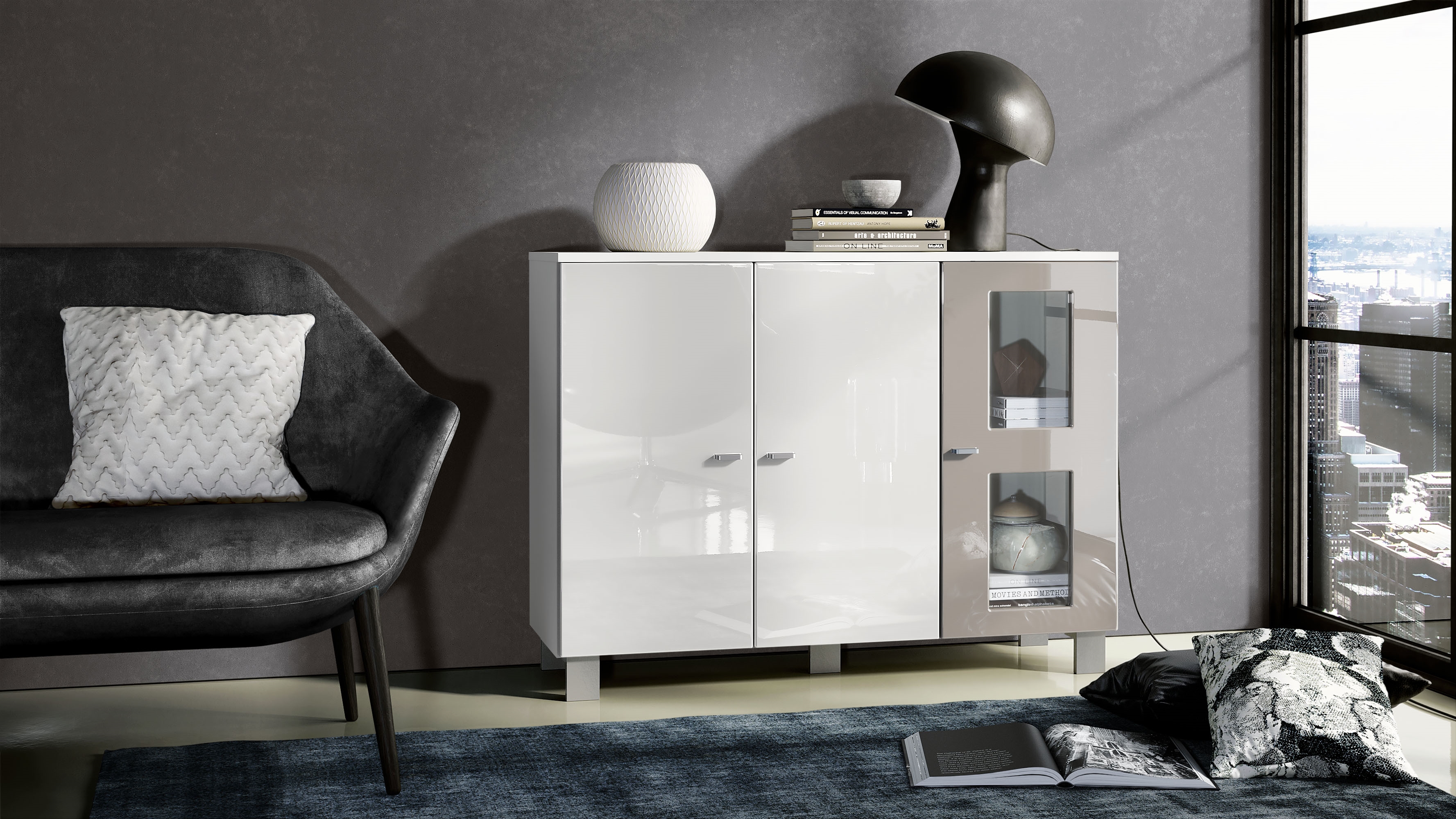 Sideboard Denjo  mit 3 Türen Weiß matt/Weiß Hochglanz/Sandgrau Hochglanz (107 x 81 x 35 cm)