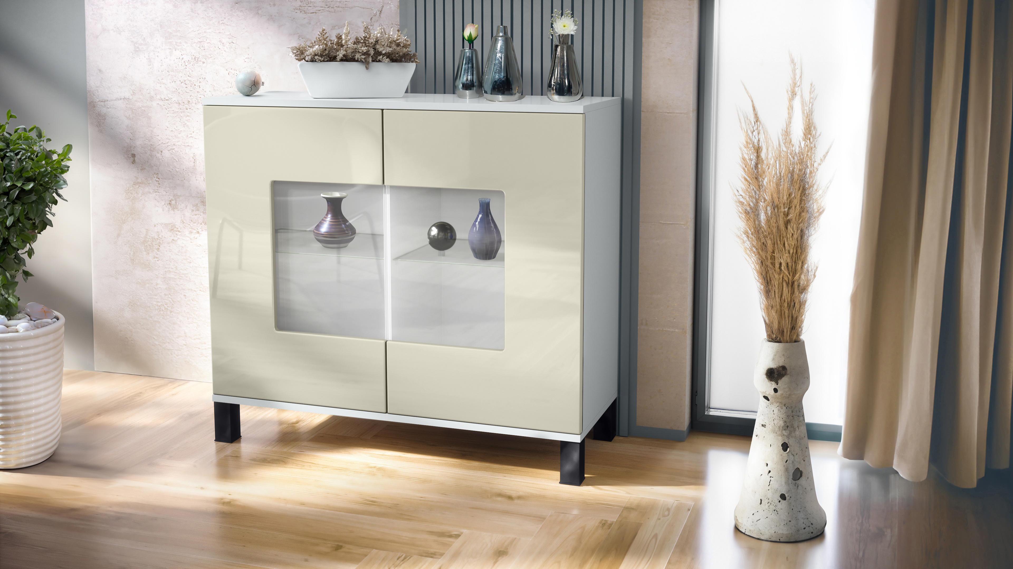 Grömitz V3 Kommode Weiß mit 2 großen Glastüren Weiß matt / Creme Hochglanz (92,5 x 84.5 x 35)