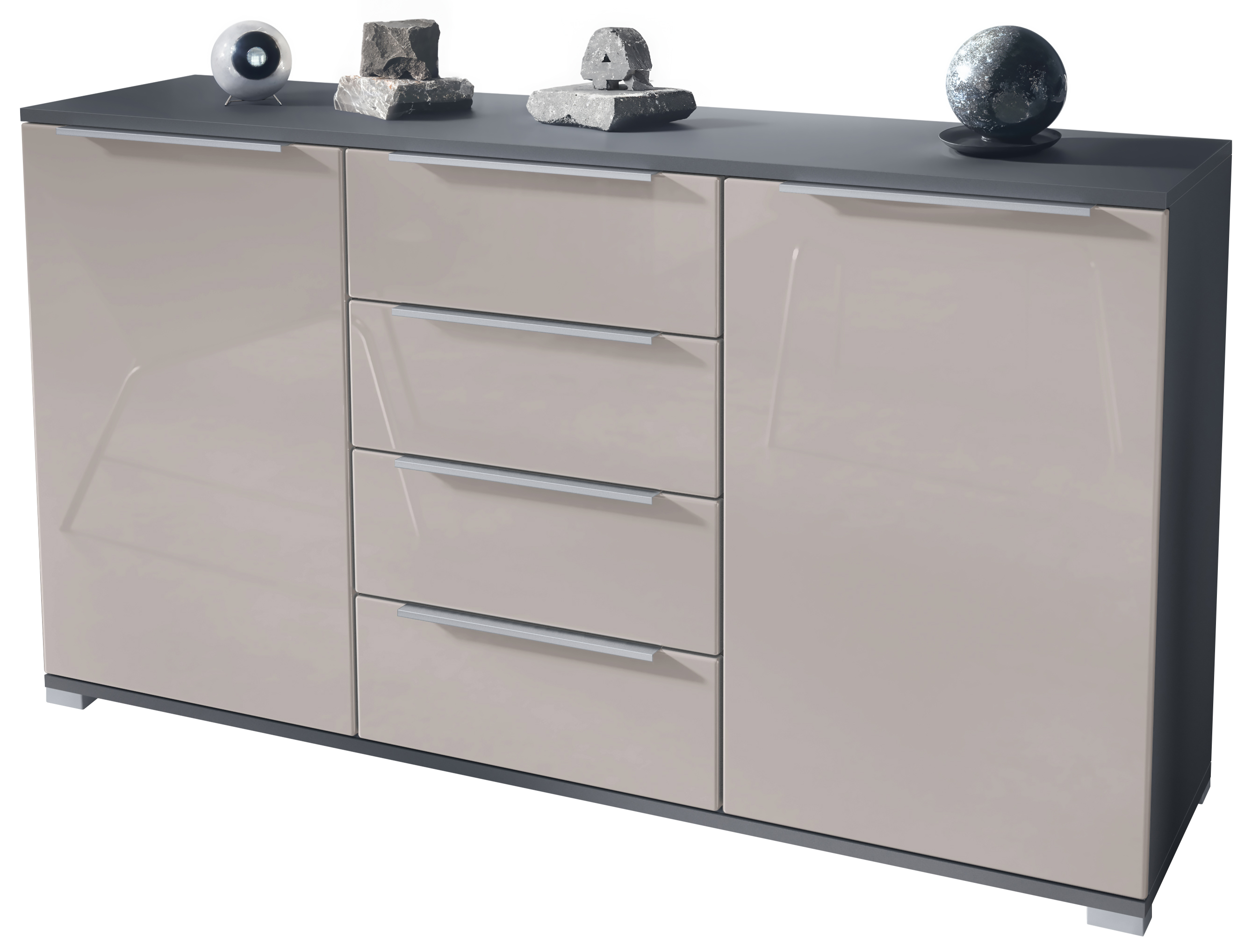 Linio V1 Sideboard Anthrazit mit 2 Türen und 4 Schubladen Anthrazit matt/Sandgrau Hochglanz (138,5 x 75,5 x 35 cm)