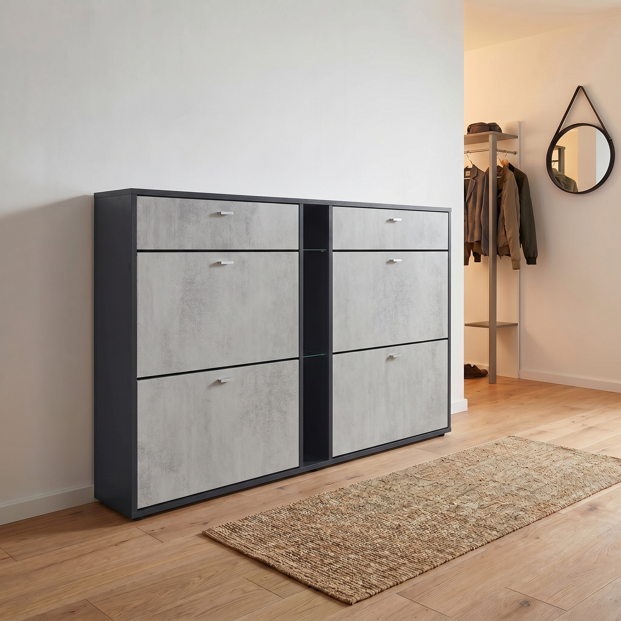 Today Schuhschrank 2 Schubladen und 3 offene Fächer | Fronten in Beton Oxid Optik | ohne LED Beleuchtung | ohne LED Beleuchtung