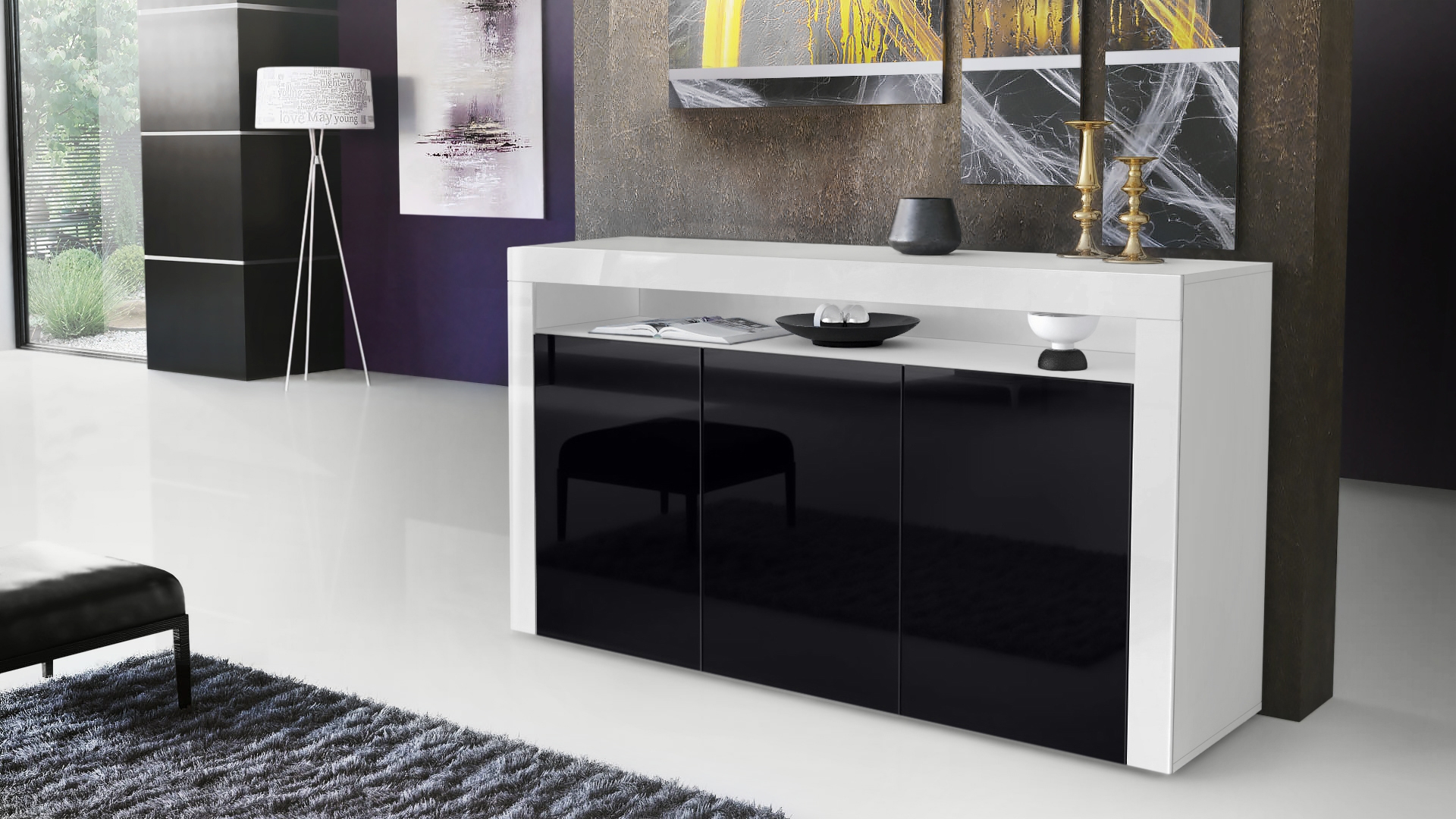 Sideboard Valencia mit 3 Türen und 1 offenem Fach Weiß / Schwarz Hochglanz/ (155 x 92 x 40 cm)