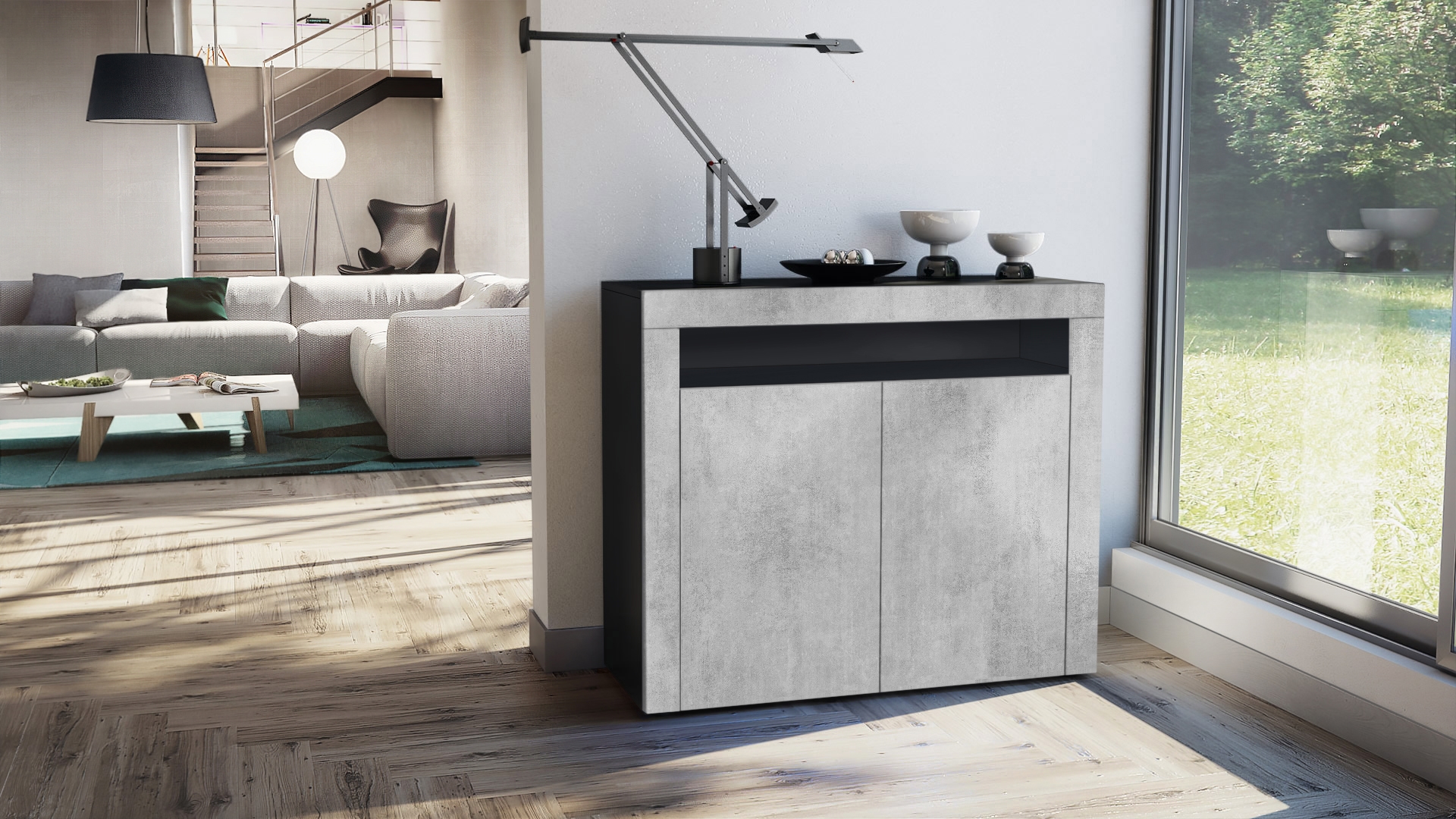 Kommode Valencia Sideboard mit 2 Türen und 1 offenem Fach Schwarz matt/Beton Oxid Optik/Beton Oxid Optik (108 x 92 x 40 cm)