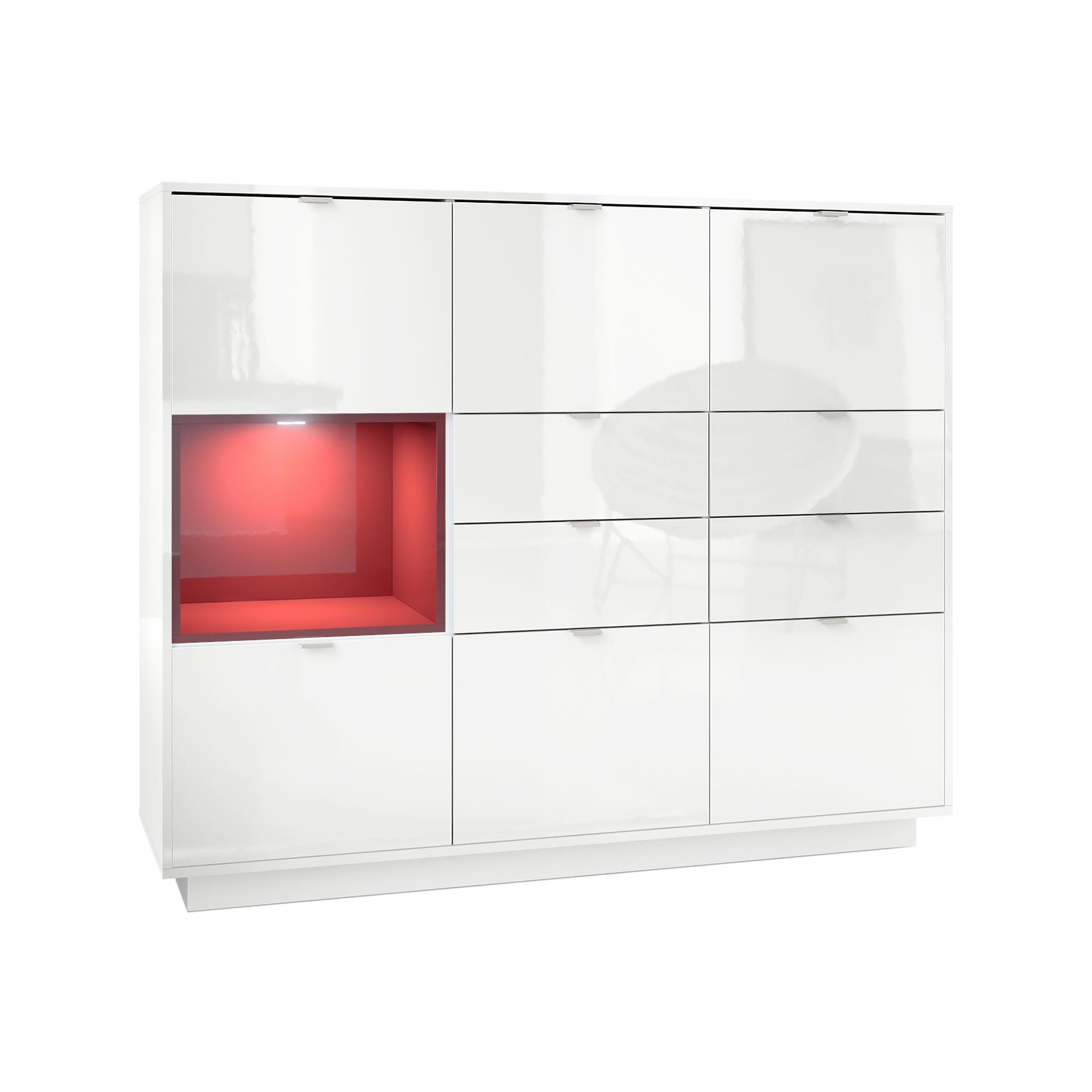 Highboard Metro V2  mit 6 Türen, 4 Schubladen und 1 offenem Fach Weiß glänzend/Bordeaux glänzend inkl. LED Beleuchtung (153x123x38 cm)