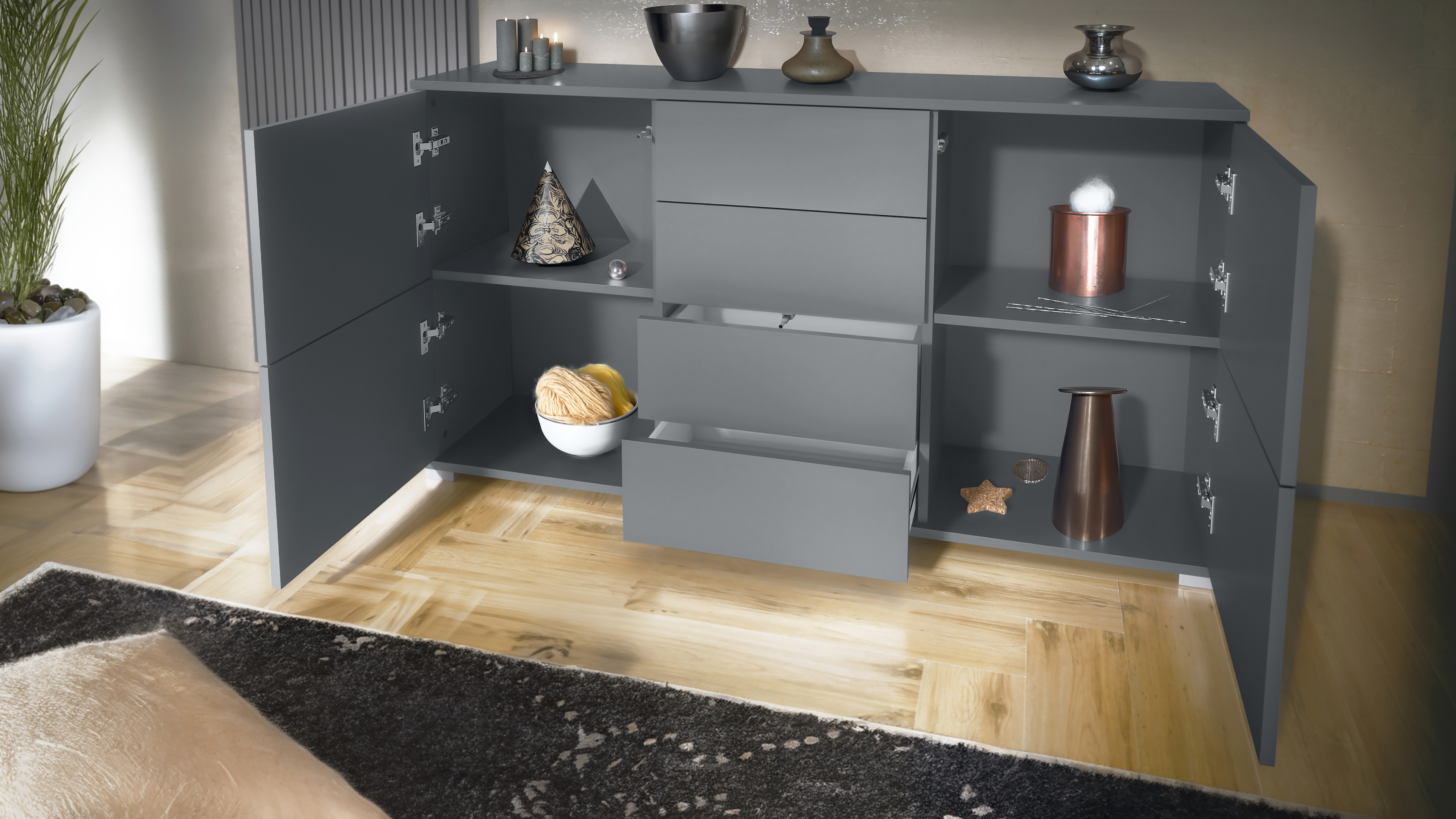 Sideboard Rova V1 4 Schubladen, Made in Germany, Anthrazit matt/Eiche Wotan (138,5 x 75,5 x 35)