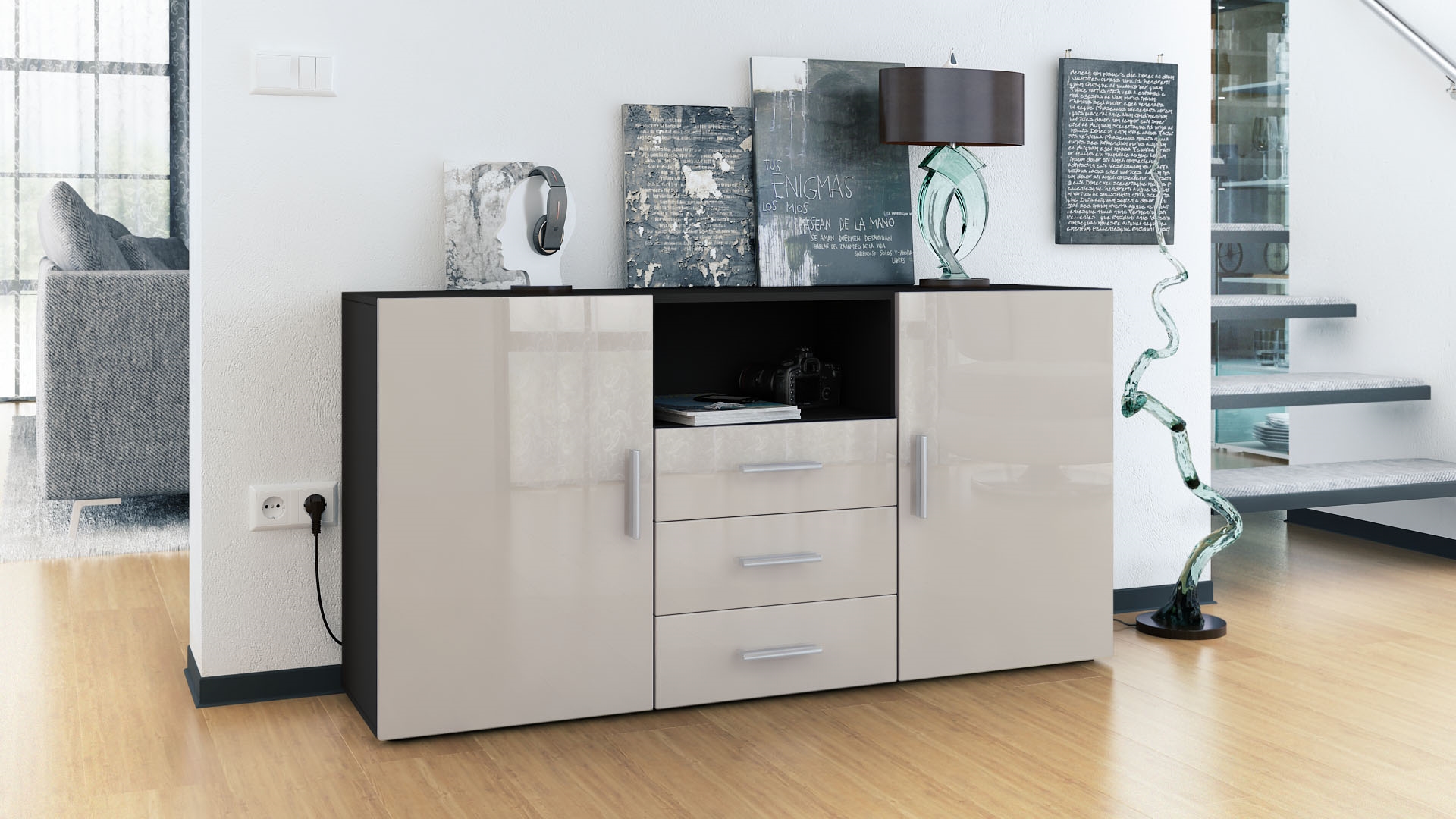 Sideboard Skadu  mit 2 Türen, 3 Schubladen und 1 offenem Fach Schwarz matt/Sandgrau Hochglanz (138,5 x 71,5 x 35 cm)