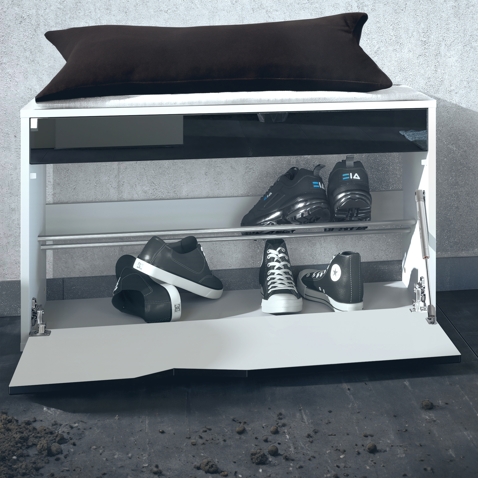 Kolmio Sitzbank Weiß für 8 Paar Schuhe mit Sitzfläche Weiß matt/Beton Oxid Optik (85 x 50 x 33 cm)