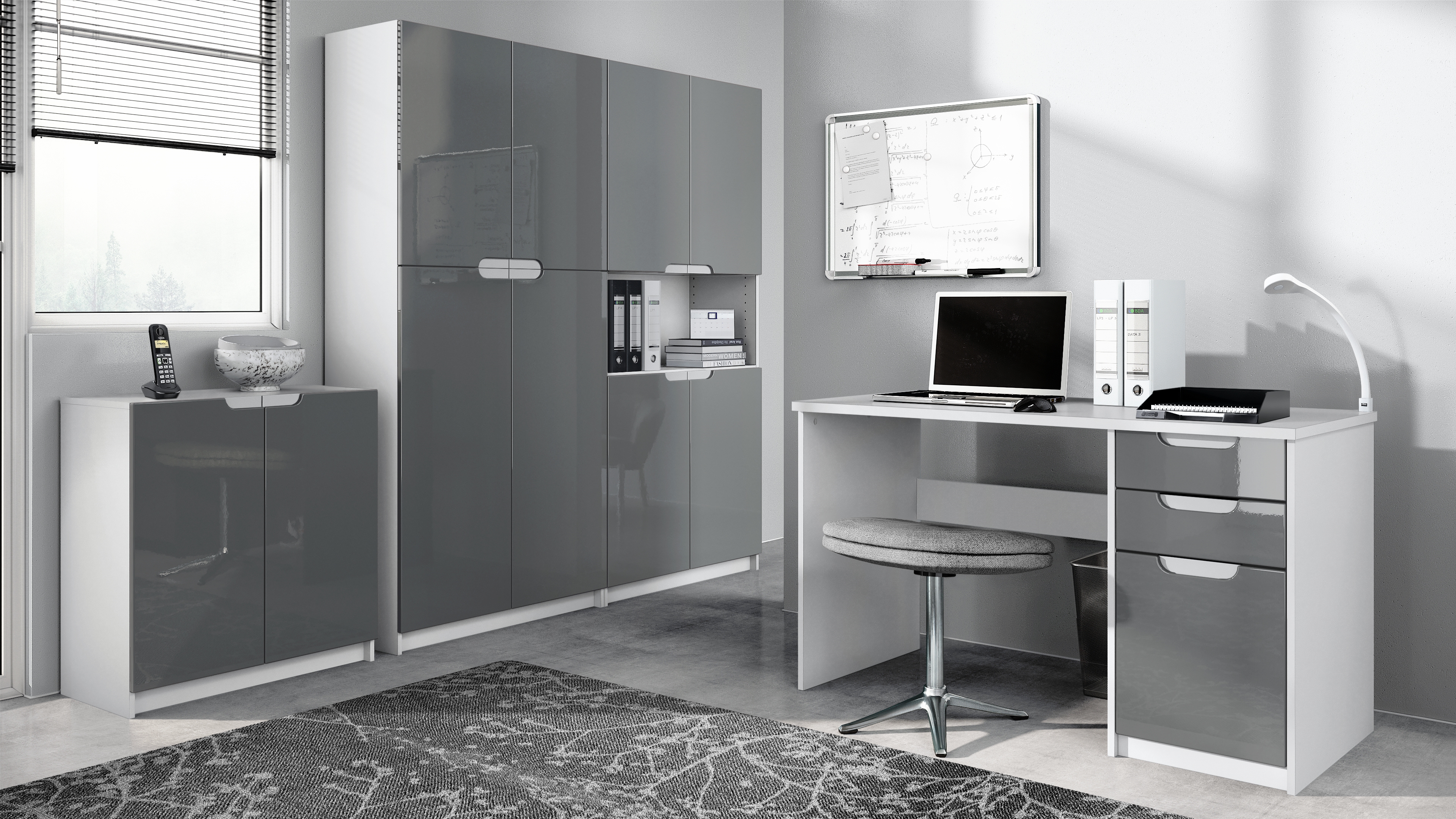 Büromöbel-Set Logan  mit 1 Schreibtisch, 2 Schränken und 1 Kommode Weiß matt/Grau Hochglanz (246 x 60 x 185 cm)