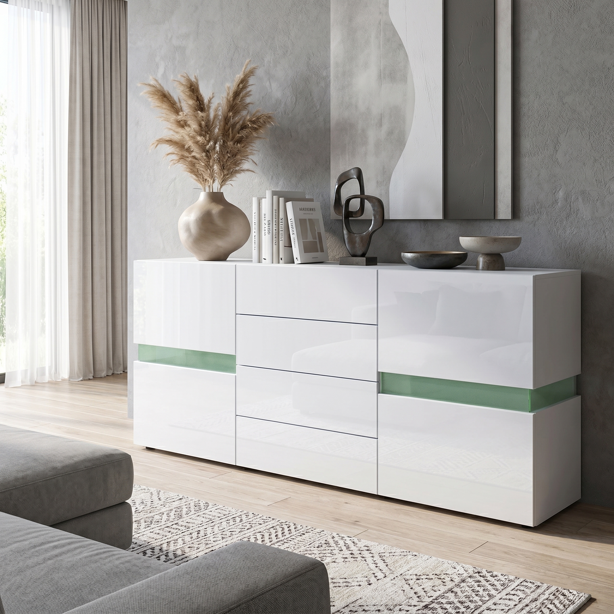 Sideboard Flow mit 2 Türen und 4 Schubladen Weiß Hochglanz (177 x 75 x 39 cm) | Weiß | Korpus Hochglanz, ohne Beleuchtung