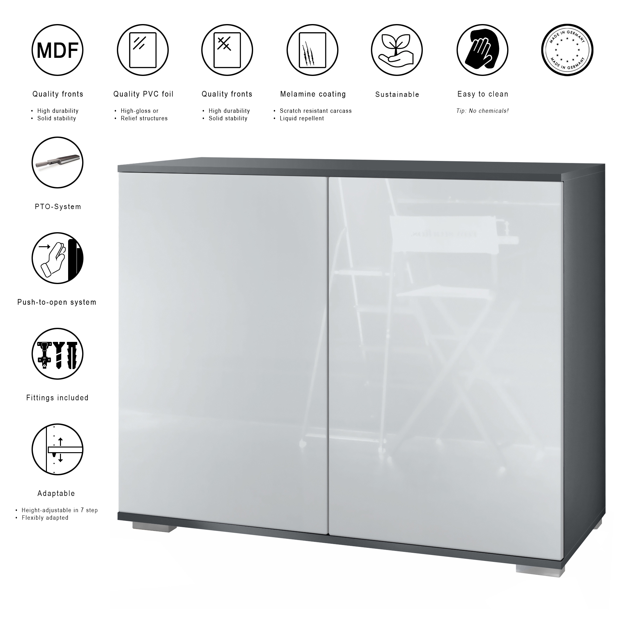 Skadu V3 Kommode Anthrazit mit 2 großen Türen Anthrazit matt / Avola-Anthrazit (92,5 x 75.5 x 35)