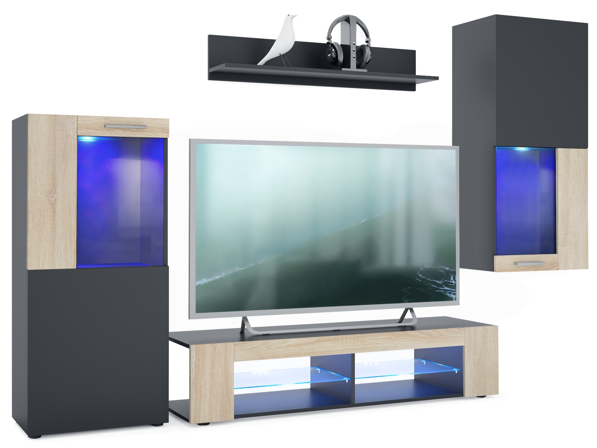 Wohnwand Movie 4-tlg. Schwarz mit LED  bestehend aus 1 TV-Board, 2 Vitrinen und 1 Regal Schwarz matt/Eiche Sägerau mit Beleuchtung (300x190x39 cm)
