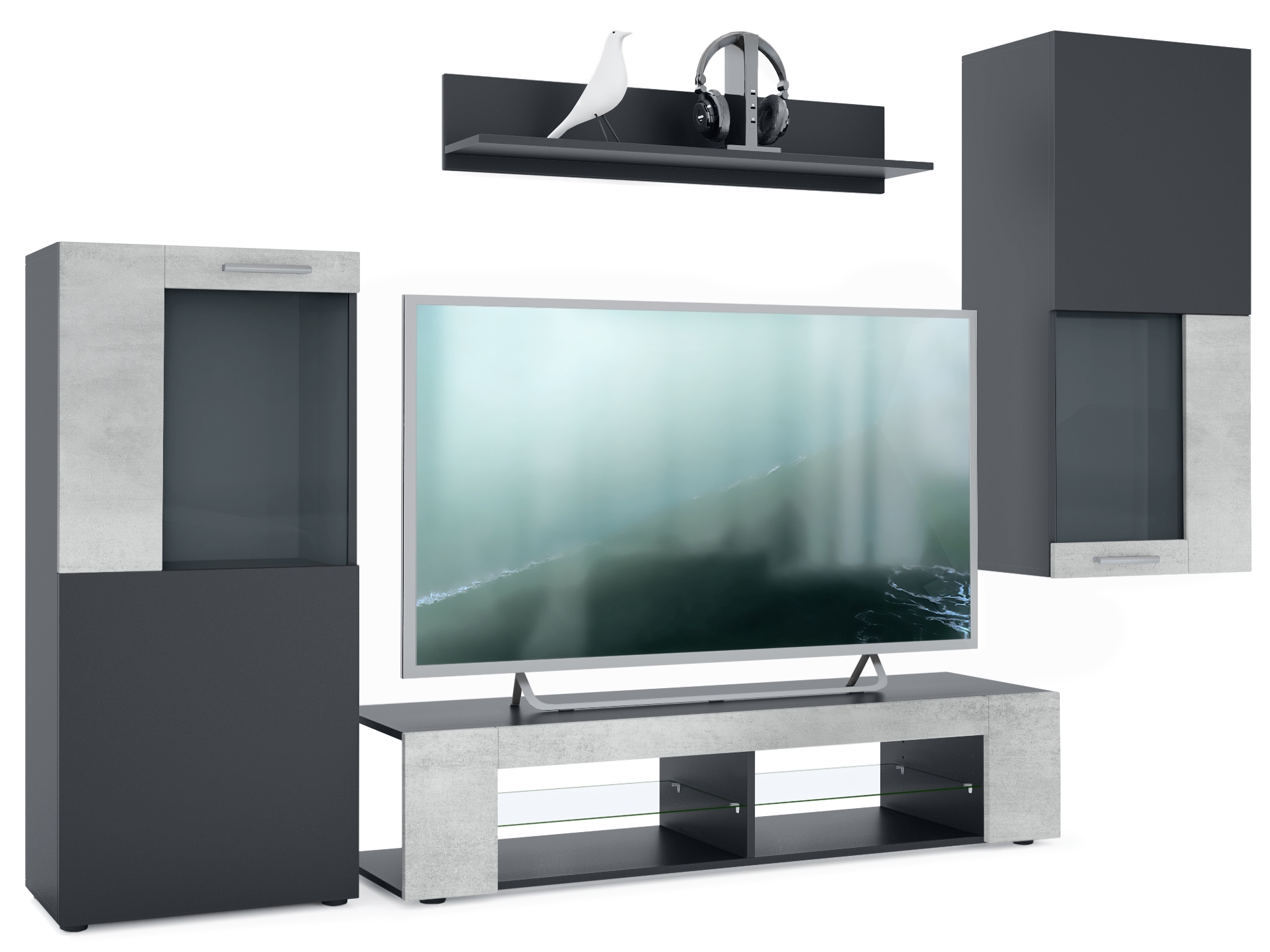 Wohnwand Movie 4-tlg. Schwarz   bestehend aus 1 TV-Board, 2 Vitrinen und 1 Regal Schwarz matt/Schwarz matt/Beton Oxid-Optik (Gesamt: 300 x 190 x 39 cm)