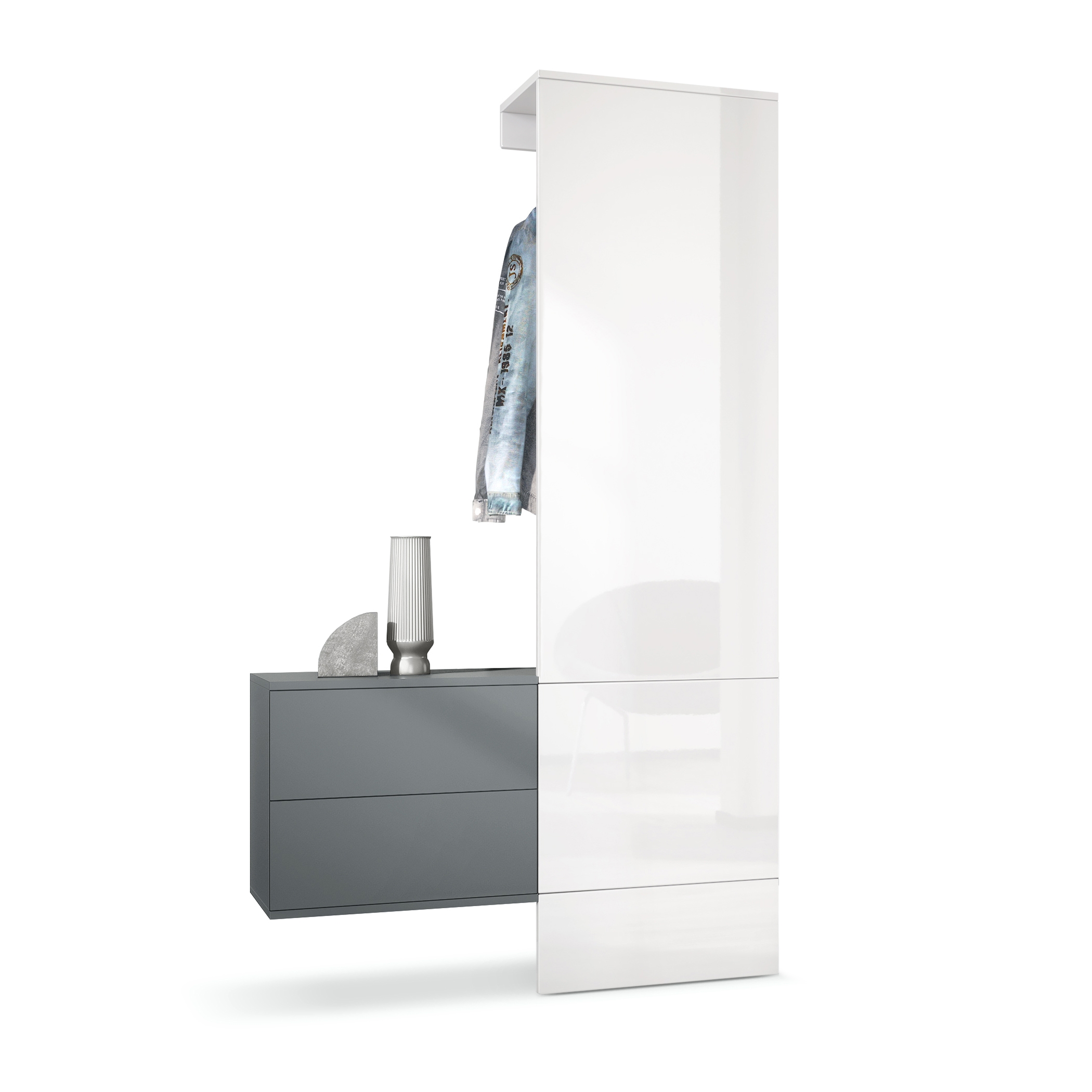 Garderobe Carlton Set 2 Anthrazit 3-tlg. 1 Paneel und 1 Schubkastenschrank Anthrazit matt/Weiß Hochglanz (105 x 193 x 35 cm)