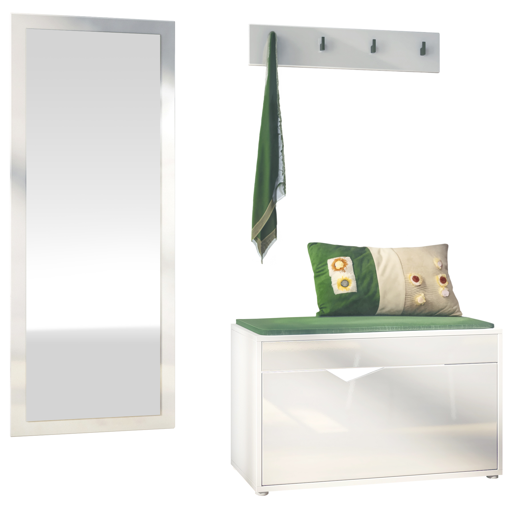 Hanko Garderobenset Weiß bestehend aus 1 Schuhbank, 1 Garderobenleiste und 1 Wandspiegel Weiß matt/Weiß Hochglanz Hanko Garderobenset Weiß bestehend aus 1 Schuhbank, 1 Garderobenleiste und 1 Wandspiegel Weiß matt/Weiß Hochglanz