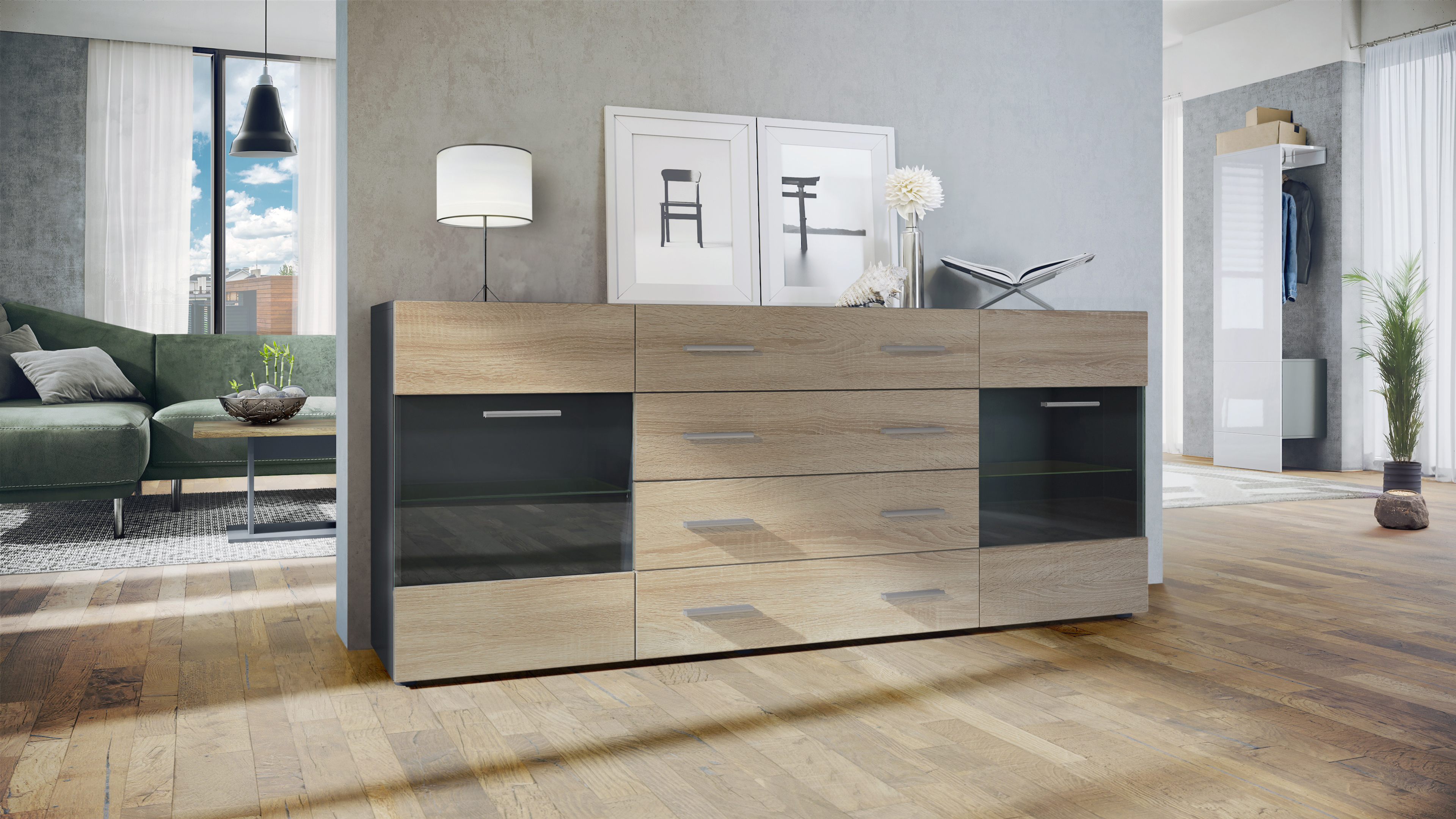 Sideboard Bari V2 4 Schubladen und 2 flexible Glaseinlegeböden Schwarz matt/Eiche sägerau (166 x 72 x 35)