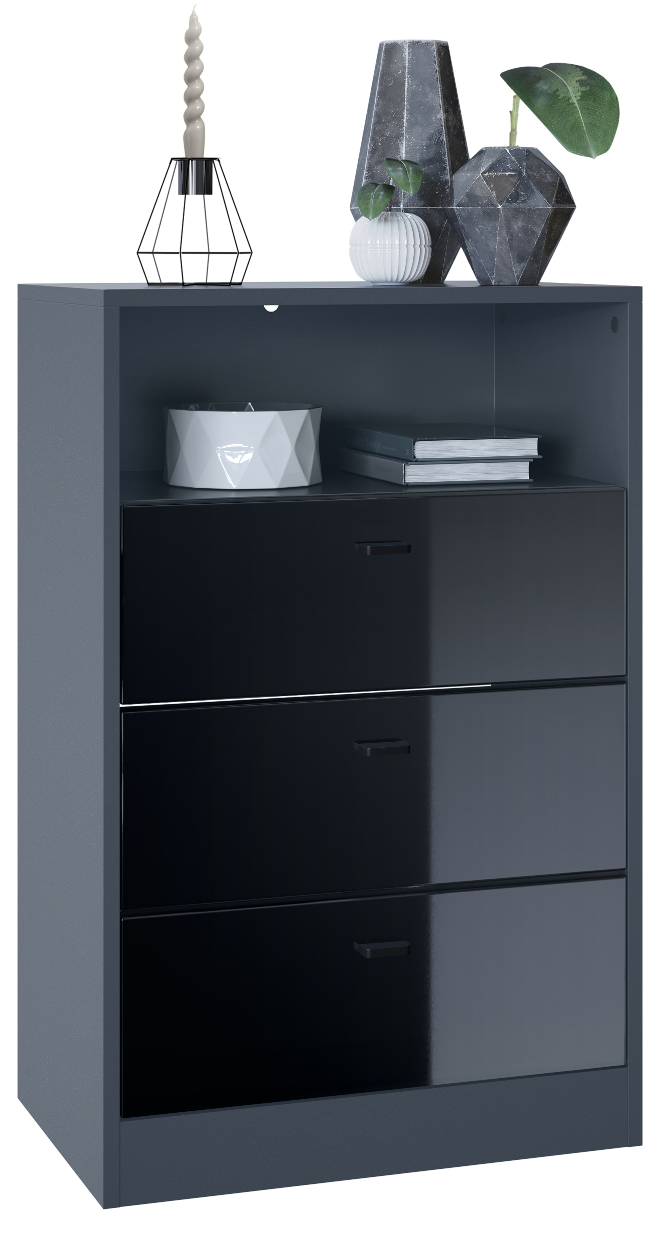 Kommode Pino V2  mit 3 Schubladen & 1 offenem Fach Anthrazit matt/Schwarz Hochglanz (56 x 86,5 x 36 cm) Kommode Pino V2  mit 3 Schubladen & 1 offenem Fach Anthrazit matt/Schwarz Hochglanz (56 x 86,5 x 36 cm)