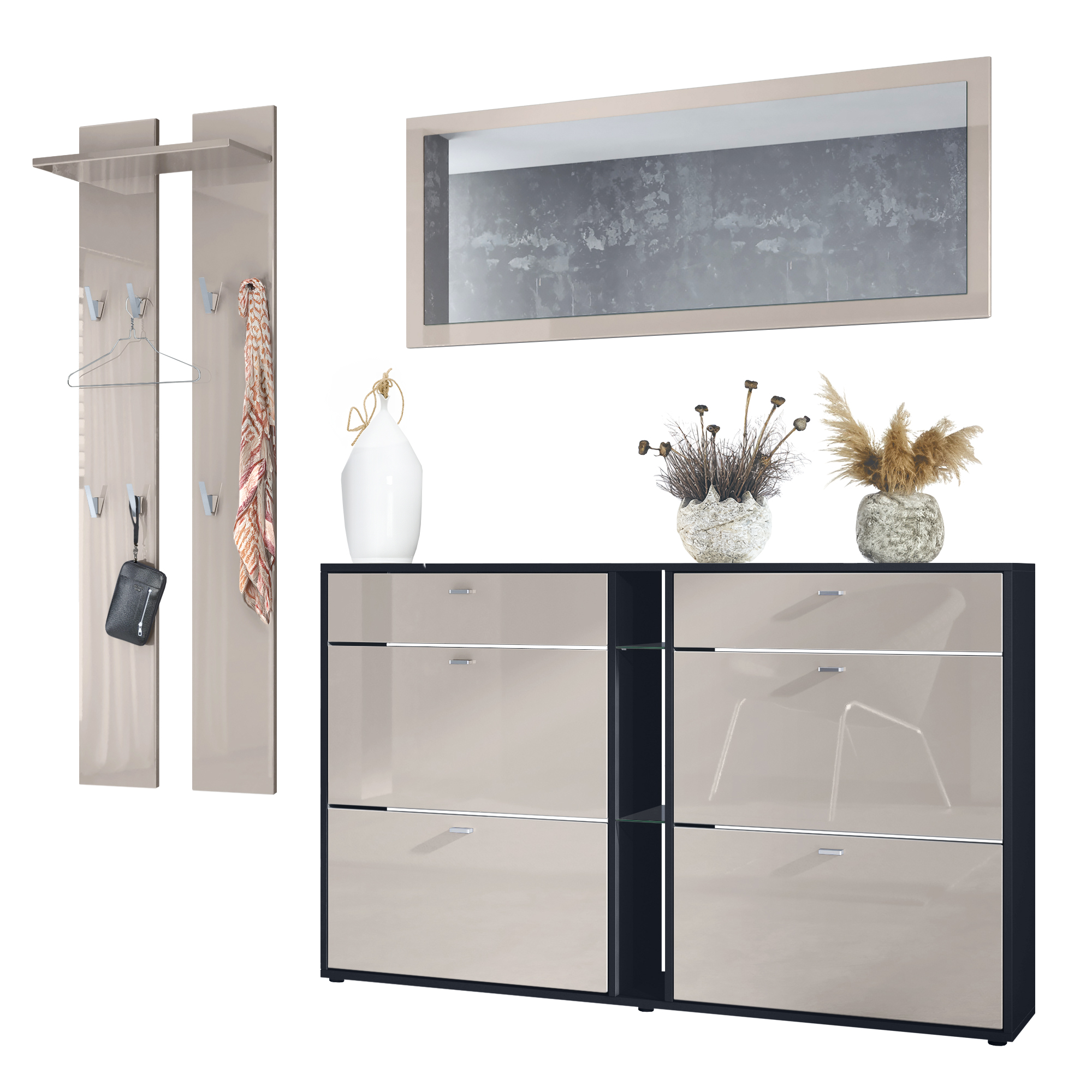 Garderobenset 3-tlg. Orlando mit Schuhschrank, Wandpaneel und Wandspiegel Schwarz matt/Sandgrau Hochglanz