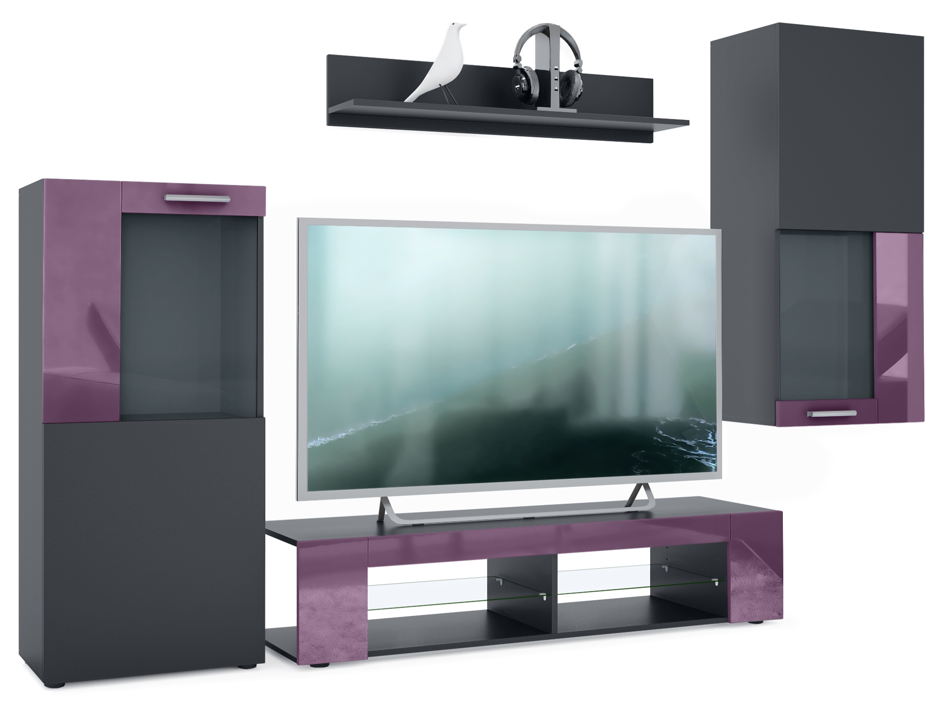 Wohnwand Movie 4-tlg. Schwarz   bestehend aus 1 TV-Board, 2 Vitrinen und 1 Regal Schwarz matt/Schwarz matt/Brombeer Hochglanz (Gesamt: 300x190x39 cm)
