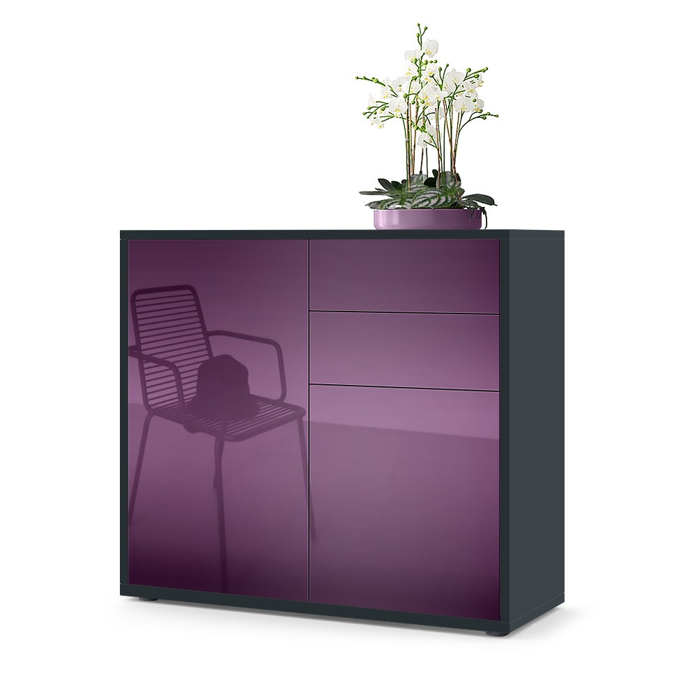 Kommode Ben  mit 2 Türen und 2 Schubladen Schwarz matt/Brombeer Hochglanz (79 x 74 x 36 cm)