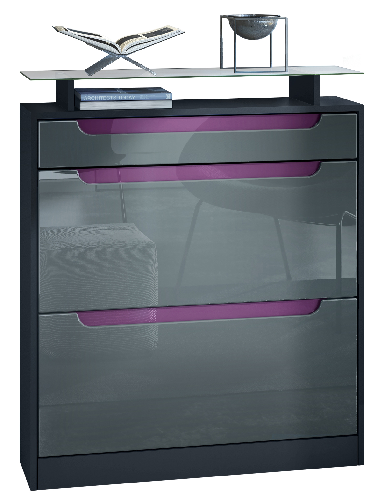 Schuhschrank Fiesta mit 2 Klappen, Schublade und Glasablage Schwarz matt/Grau glänzend, Mulden in Brombeer glänzend (89x104x23 cm)