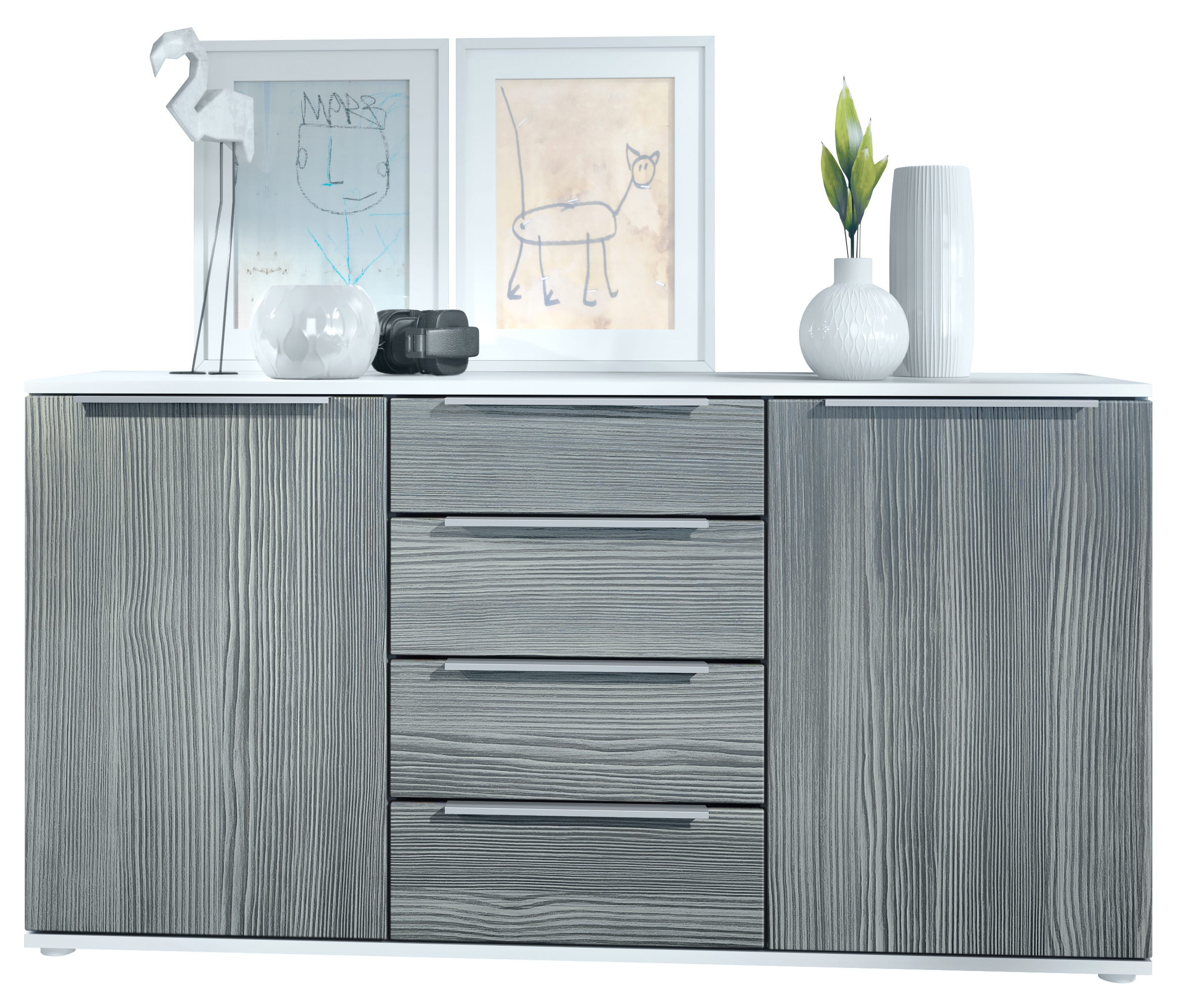 Linio V1 Sideboard  mit 2 Türen und 4 Schubladen Weiß matt/Avola-Anthrazit (139 x 72,5 x 35 cm)