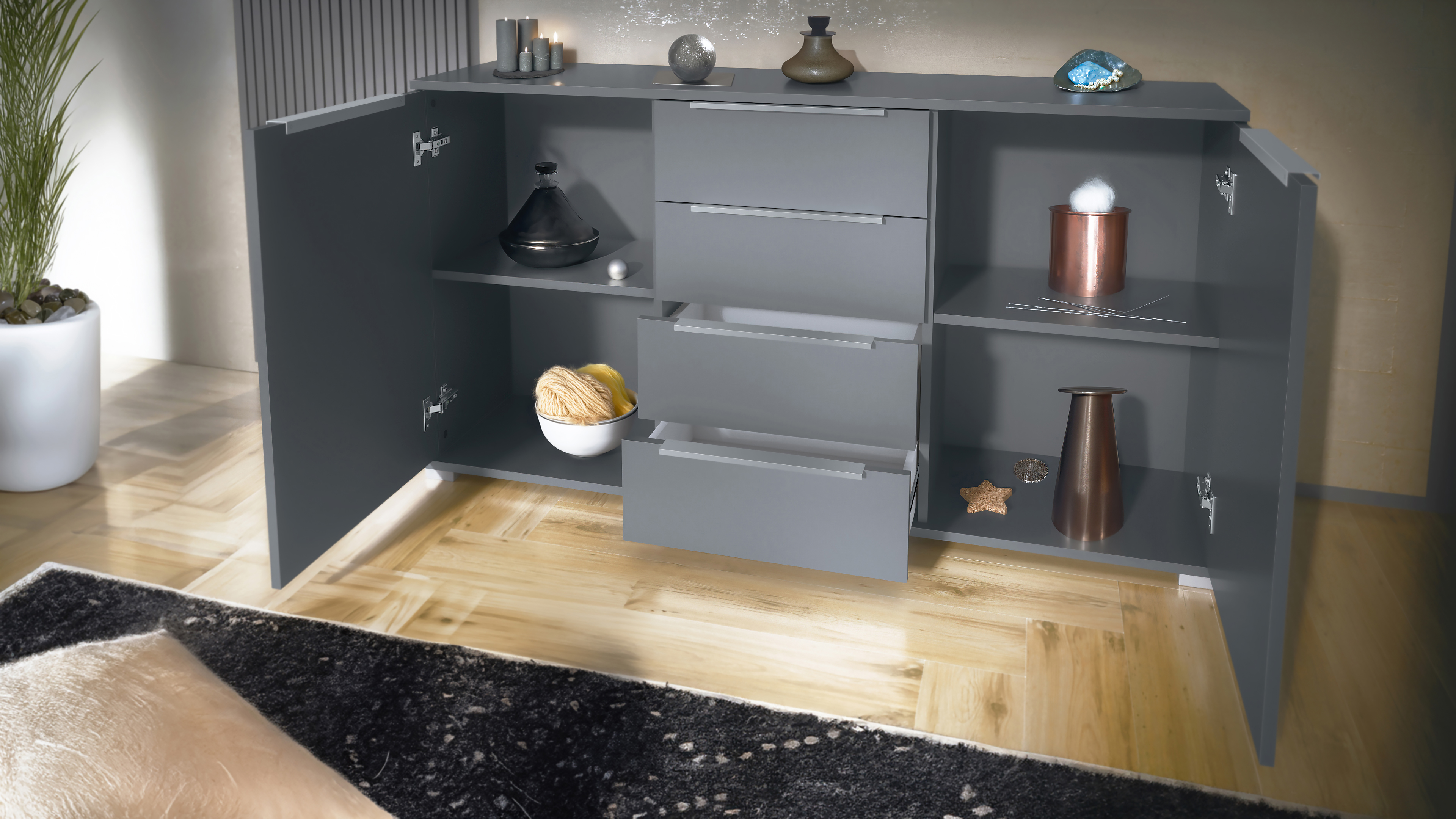 Linio V1 Sideboard Anthrazit mit 2 Türen und 4 Schubladen Anthrazit matt/Graphit Seidenmatt (138,5 x 75,5 x 35 cm)