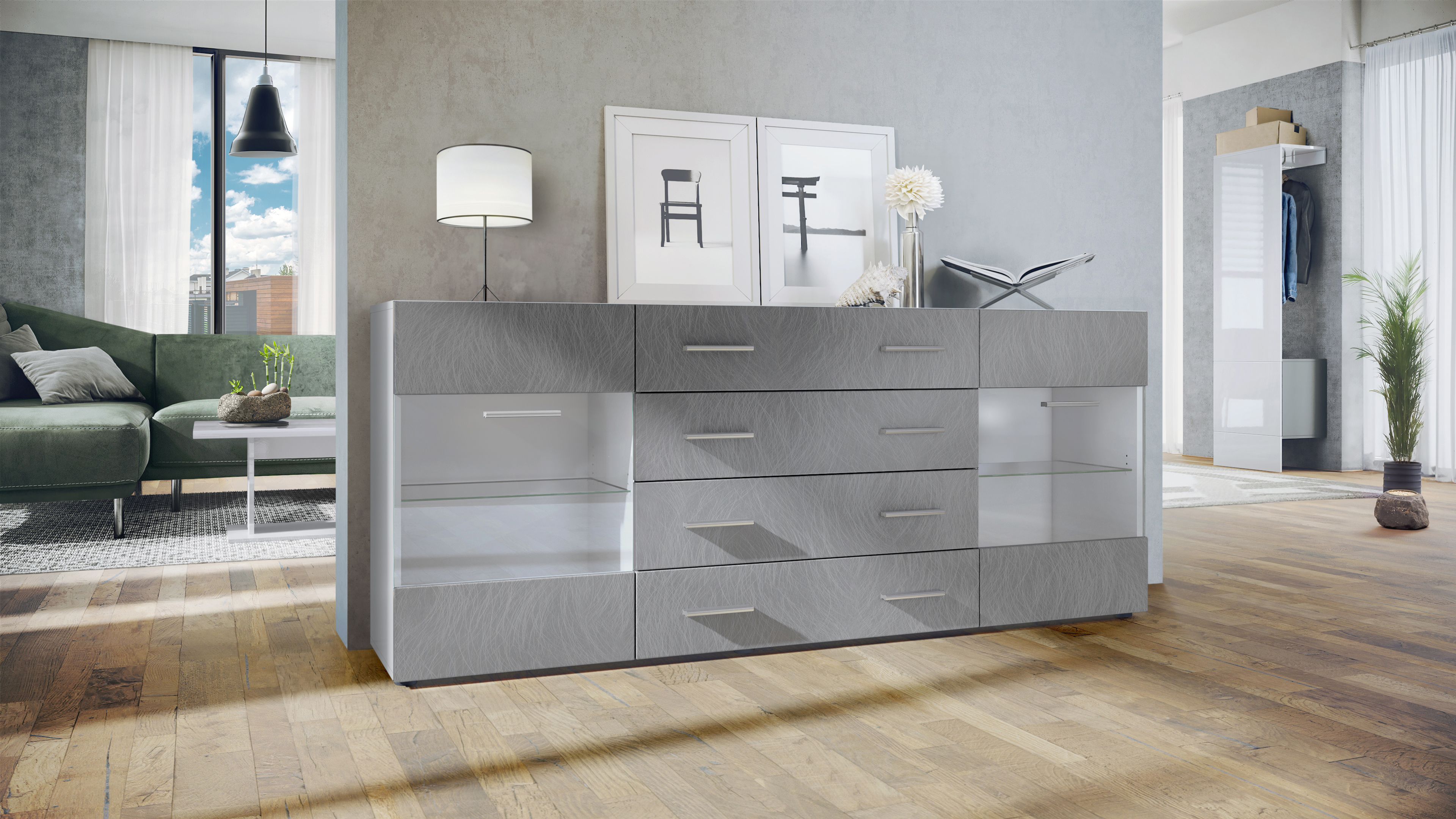 Sideboard Bari V2 4 Schubladen und 2 flexible Glaseinlegeböden Weiß matt/Scratchy Metal (166 x 72 x 35)