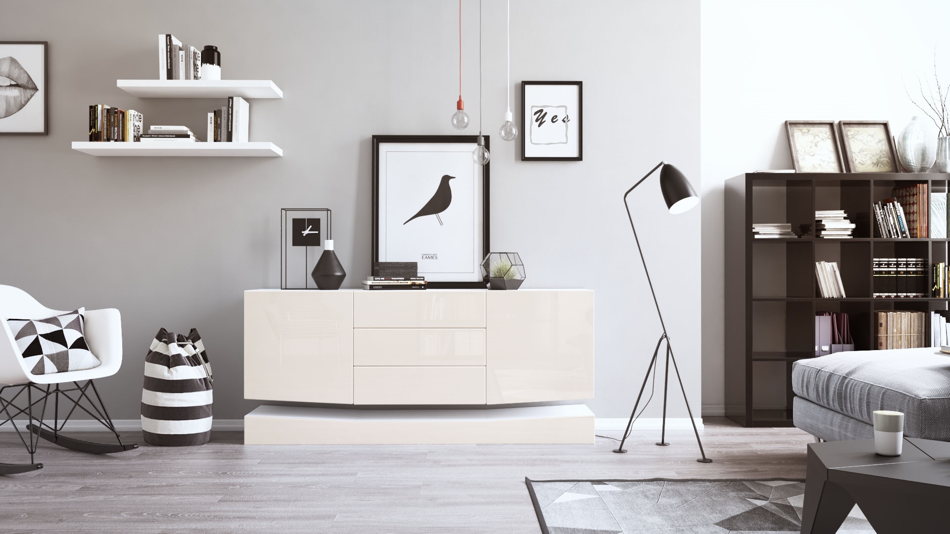 Sideboard City  mit 2 Türen und 3 Schubladen Weiß matt/Creme Hochglanz (178 x 72 x 38 cm)