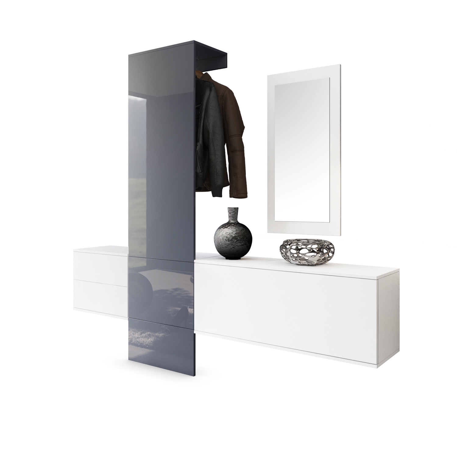 Garderobe Carlton Set 1 Weiß 4-tlg. 1 Paneel, 1 Schubkastenschrank, 1 Schrankmodul und 1 Spiegel Weiß matt/Grau Hochglanz (208 x 193 x 35 cm)