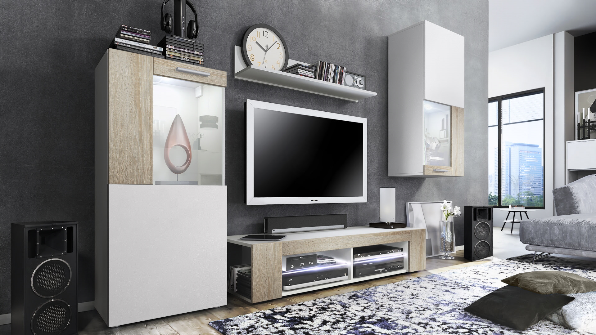 Wohnwand Movie 4-tlg. Weiß mit weißer LED  bestehend aus 1 TV-Board, 2 Vitrinen und 1 Regal Weiß matt/Weiß matt/Eiche Sägerau mit Beleuchtung (300 x 190 x 39 cm)