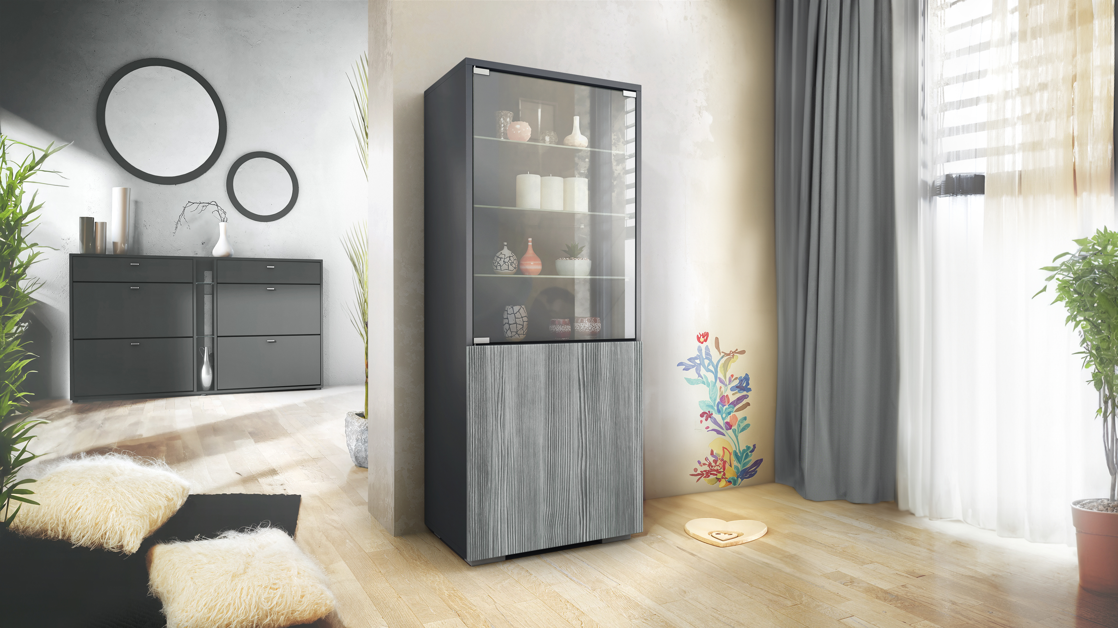 Granada Vitrine Anthrazit mit Glastür und Glaseinsatz Anthrazit matt/Avola- Anthrazit (50 x 122,5 x 34,5 cm) | Avola-Anthrazit
