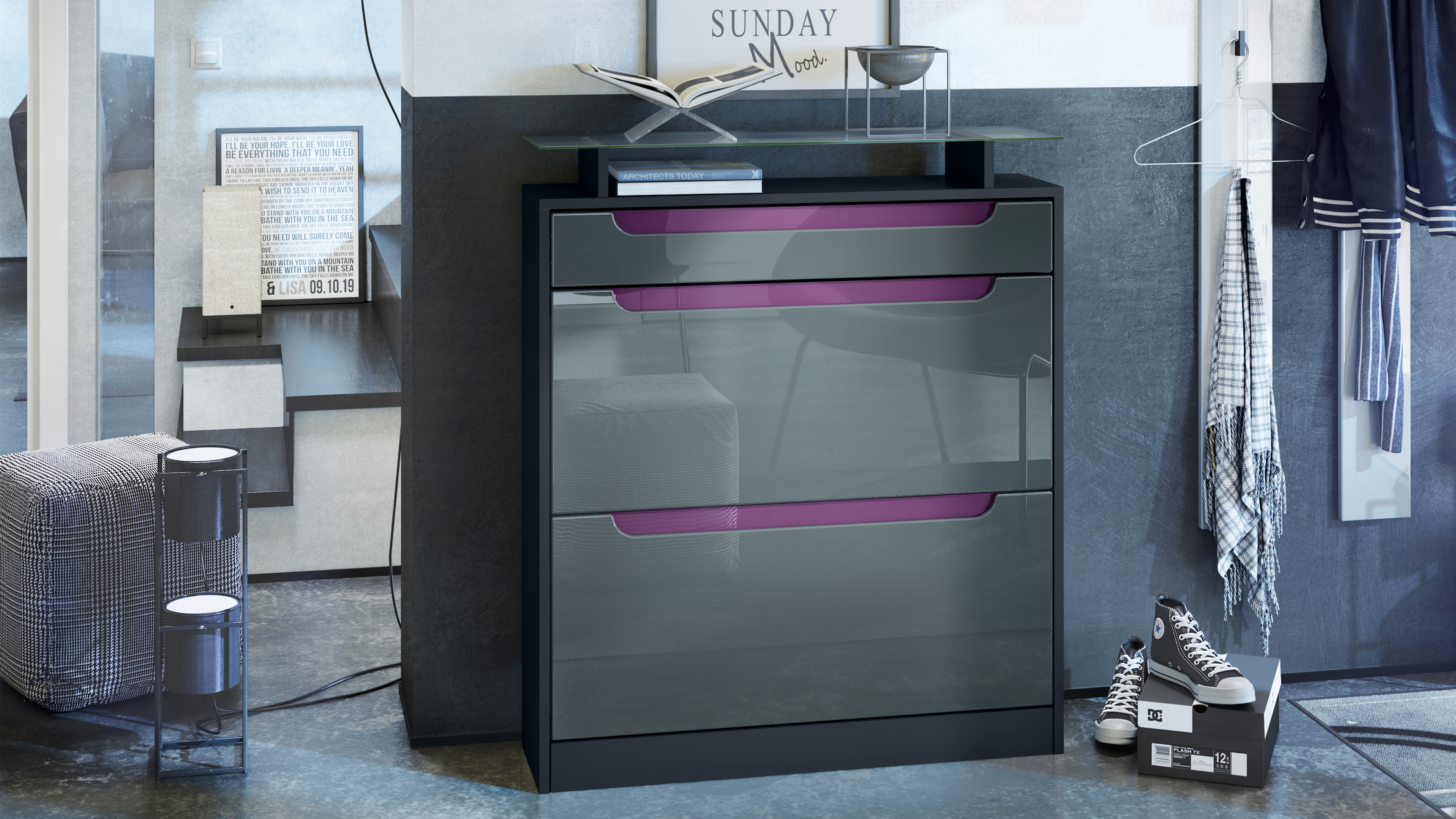 Schuhschrank Fiesta mit 2 Klappen, Schublade und Glasablage Schwarz matt/Grau glänzend, Mulden in Brombeer glänzend (89x104x23 cm)