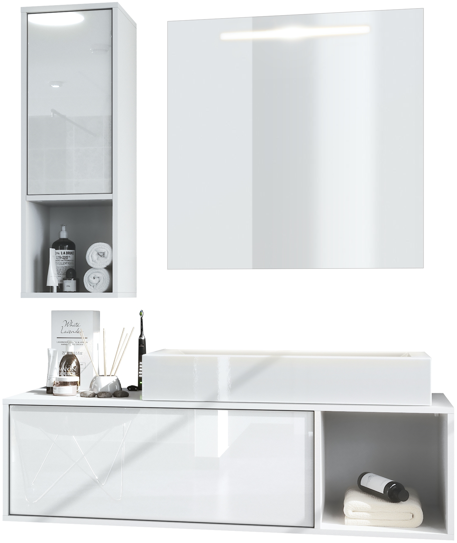 Badmöbel-Set La Costa 1 Unterschrank, 1 LED-Spiegel und 1 Waschbecken Korpus Weiß matt/Fronten Weiß Hochglanz (‎126,5 x 195 x 46 cm)