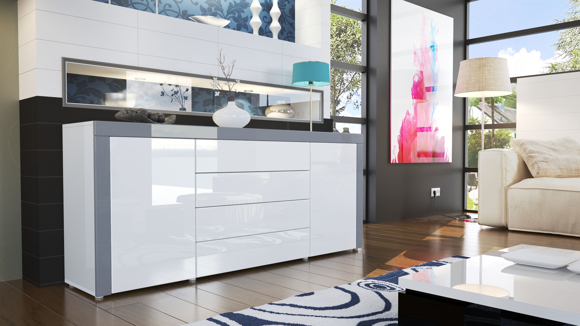 Sideboard La Paz mit 2 Türen und 4 Schubladen Weiß Hochglanz / Grau Hochglanz (167 x 72 x 35)