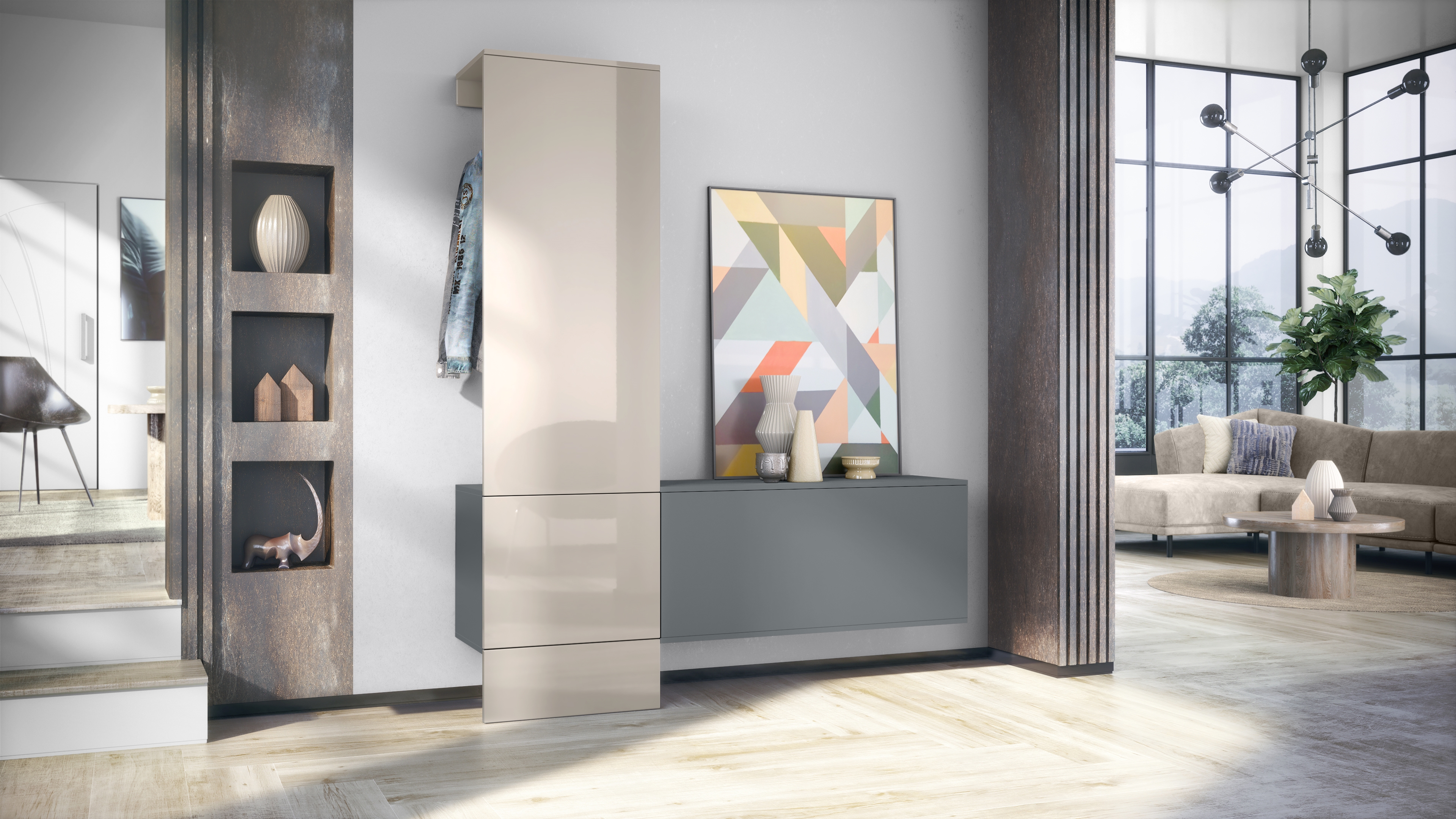 Garderobe Carlton Set 4 Anthrazit 3-tlg. 1 Paneel und 1 Schrankmodul Anthrazit matt/Sandgrau Hochglanz (156,5 x 193 x 35 cm)