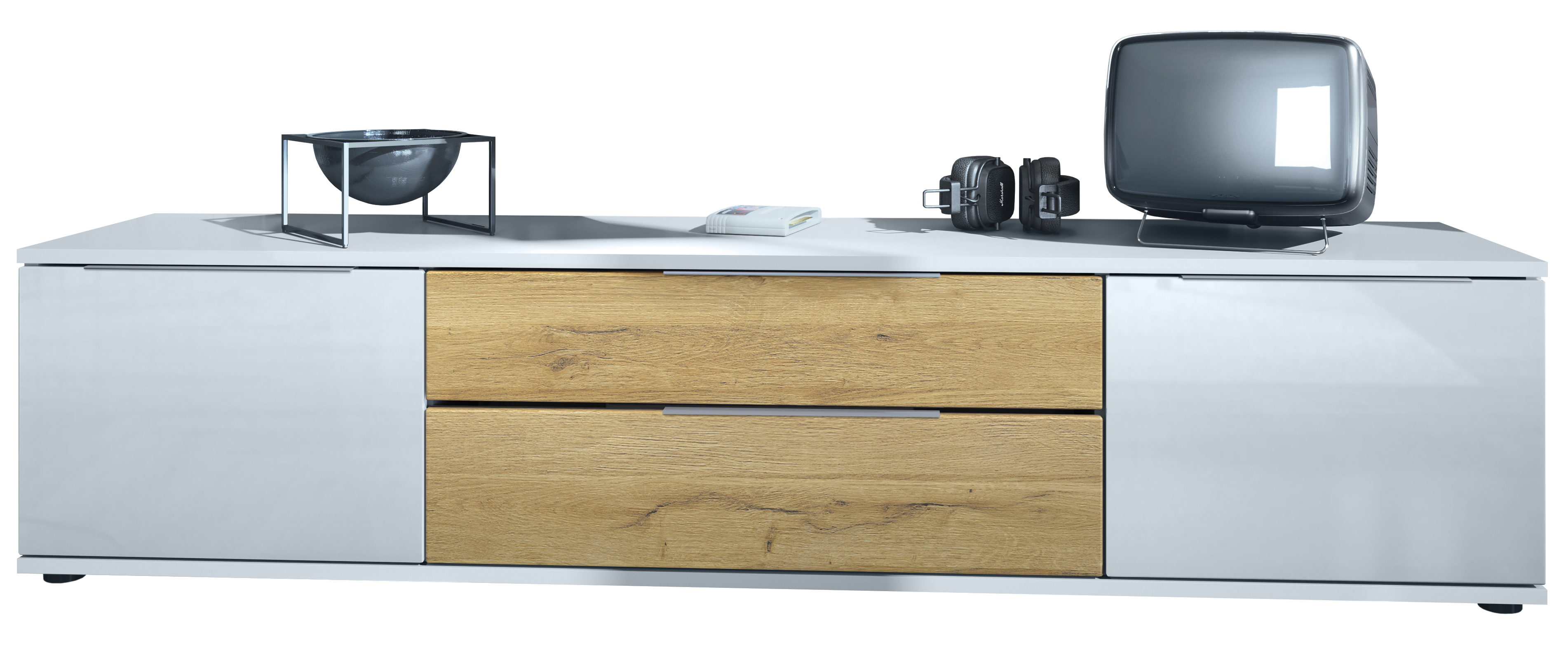 Linio V2 Lowboard mit 2 Türen und Schubladen Weiß / Eiche Natur (166,5 x 37,5 x 35 cm) Linio V2 Lowboard mit 2 Türen und Schubladen Weiß / Eiche Natur (166,5 x 37,5 x 35 cm)