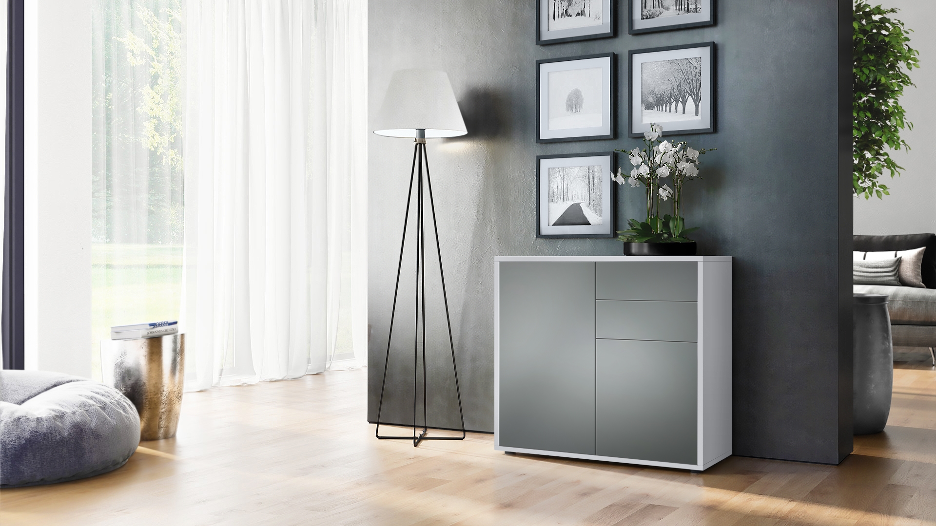 Kommode Ben  mit 2 Türen und 2 Schubladen Weiß matt/Graphit Seidenmatt (79 x 74 x 36 cm)