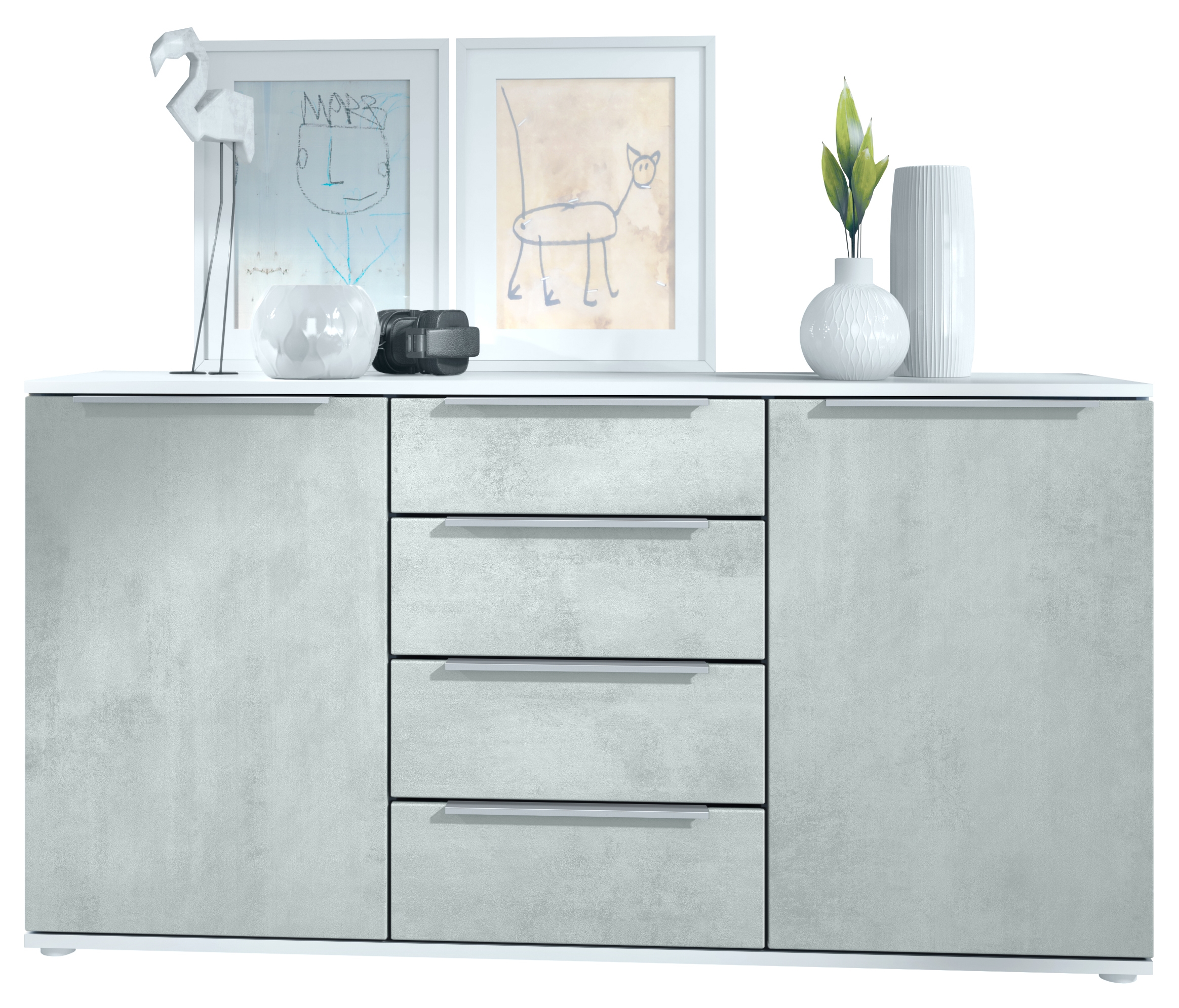 Linio V1 Sideboard  mit 2 Türen und 4 Schubladen Weiß matt/Beton Oxid Optik (139 x 72,5 x 35 cm)