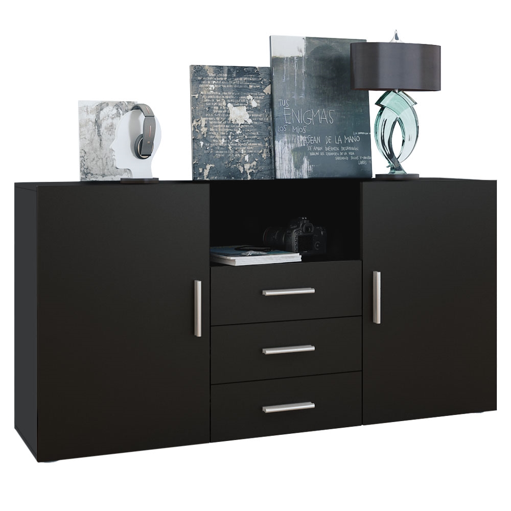 Sideboard Skadu  mit 2 Türen, 3 Schubladen und 1 offenem Fach Schwarz matt/Schwarz matt (138,5 x 71,5 x 35 cm)